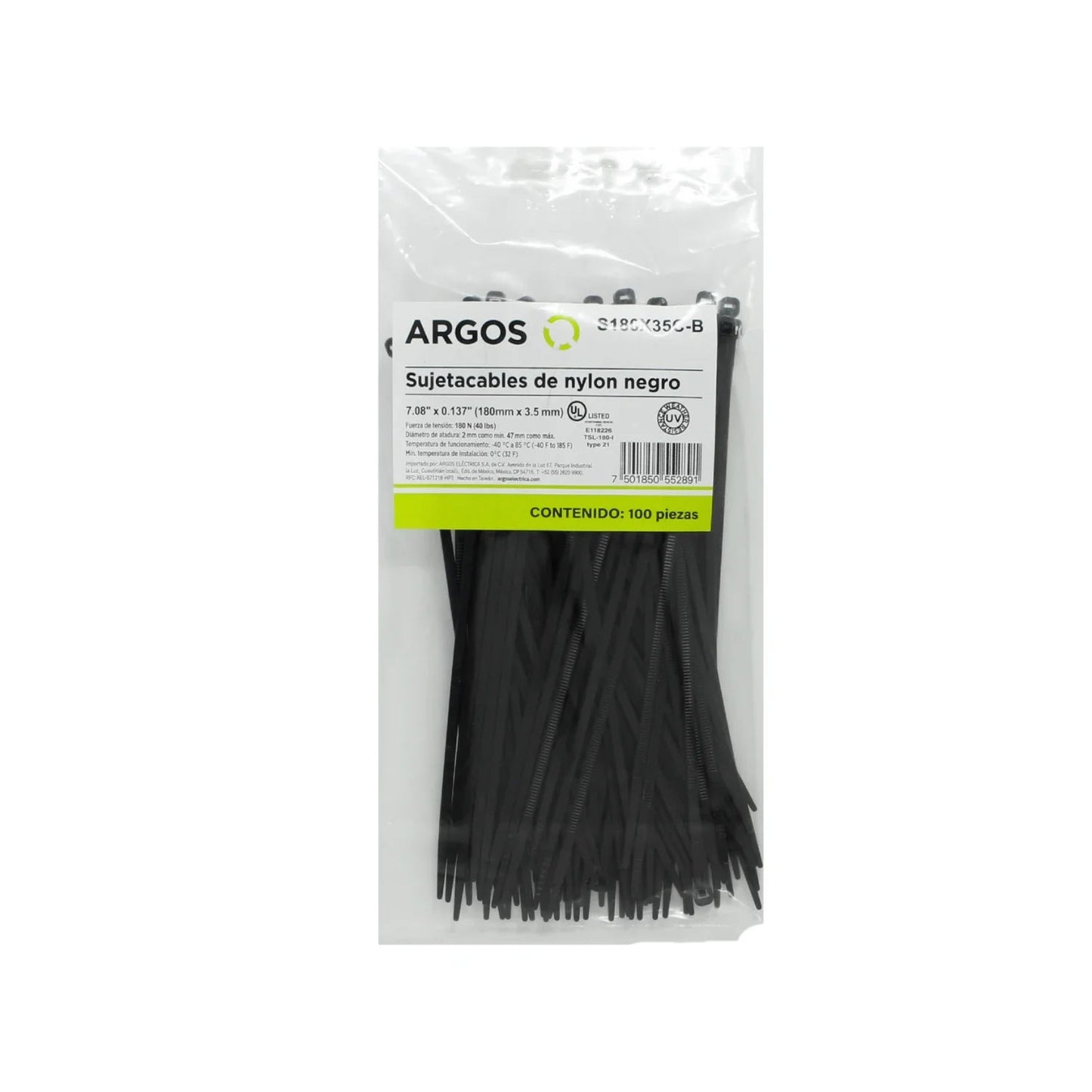 Cincho Argos de nylon negro 7 pulgadas (180mm) x 3.5mm, 100 piezas, resistente UV para organizar cables