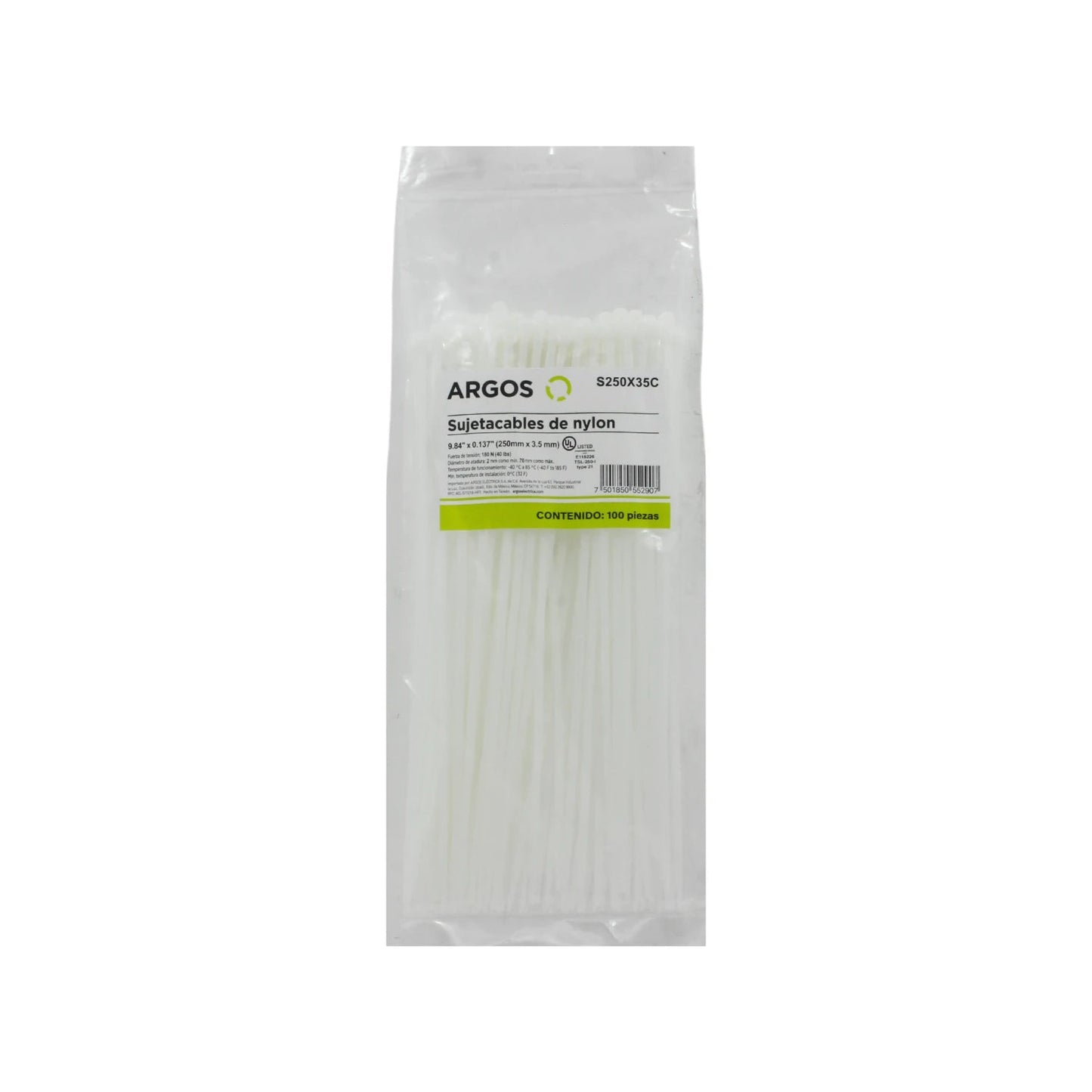 Argos cinchos sujetacables de nylon blancos 250mm x 3.5mm, 100 piezas. Ideal para organizar cables.