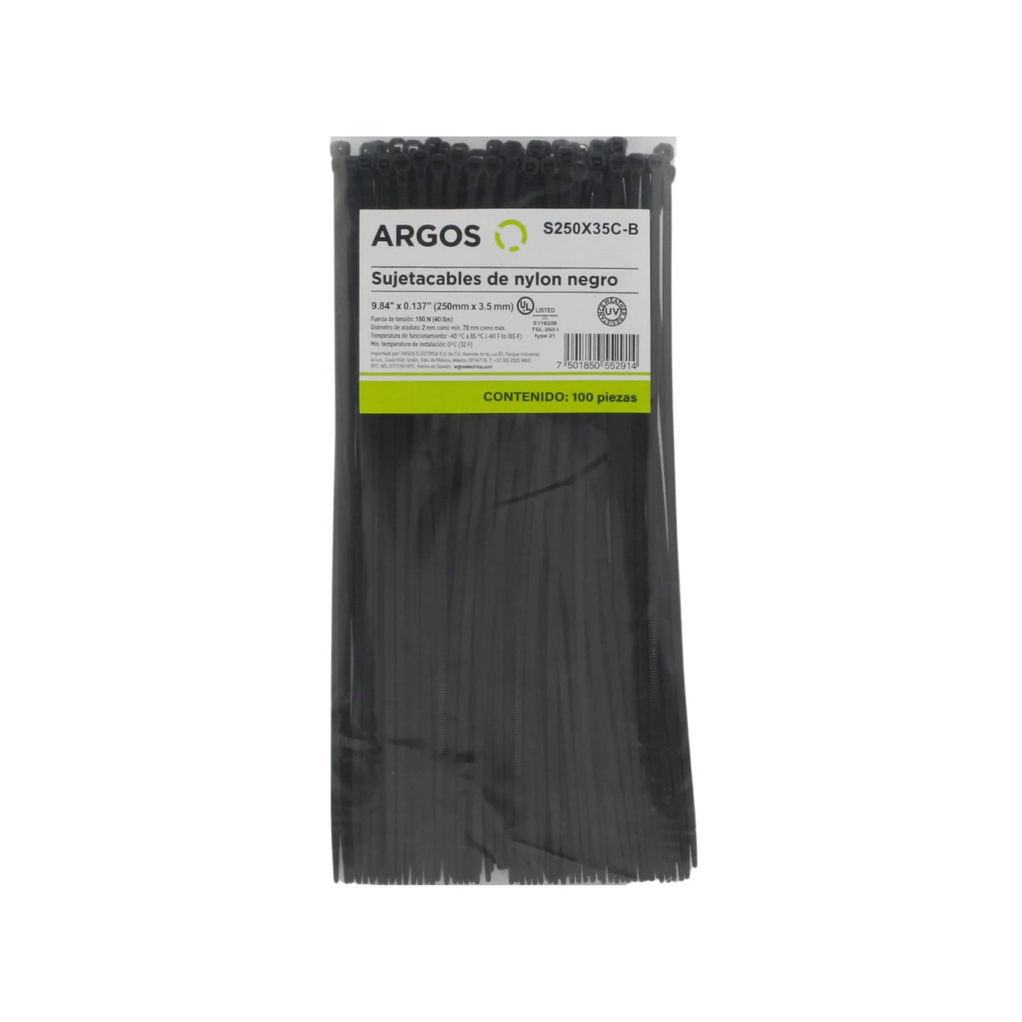 Sujetacables de nylon negro Argos 9.84" (250mm) x 3.5mm, 100 piezas S250X35C-B para organización