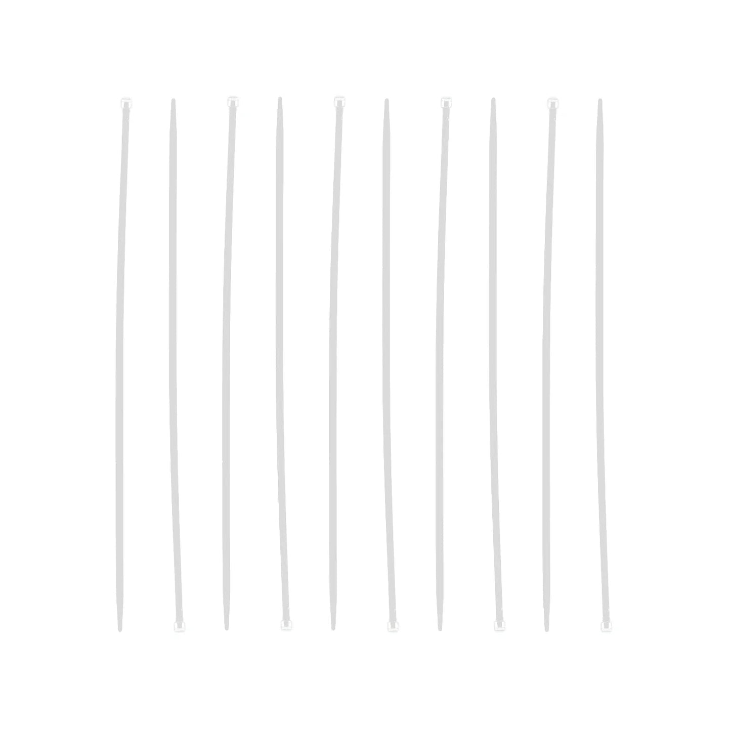 Diez cinchos blancos de plástico para organizar y sujetar cables, ideales en instalaciones eléctricas y ferretería.