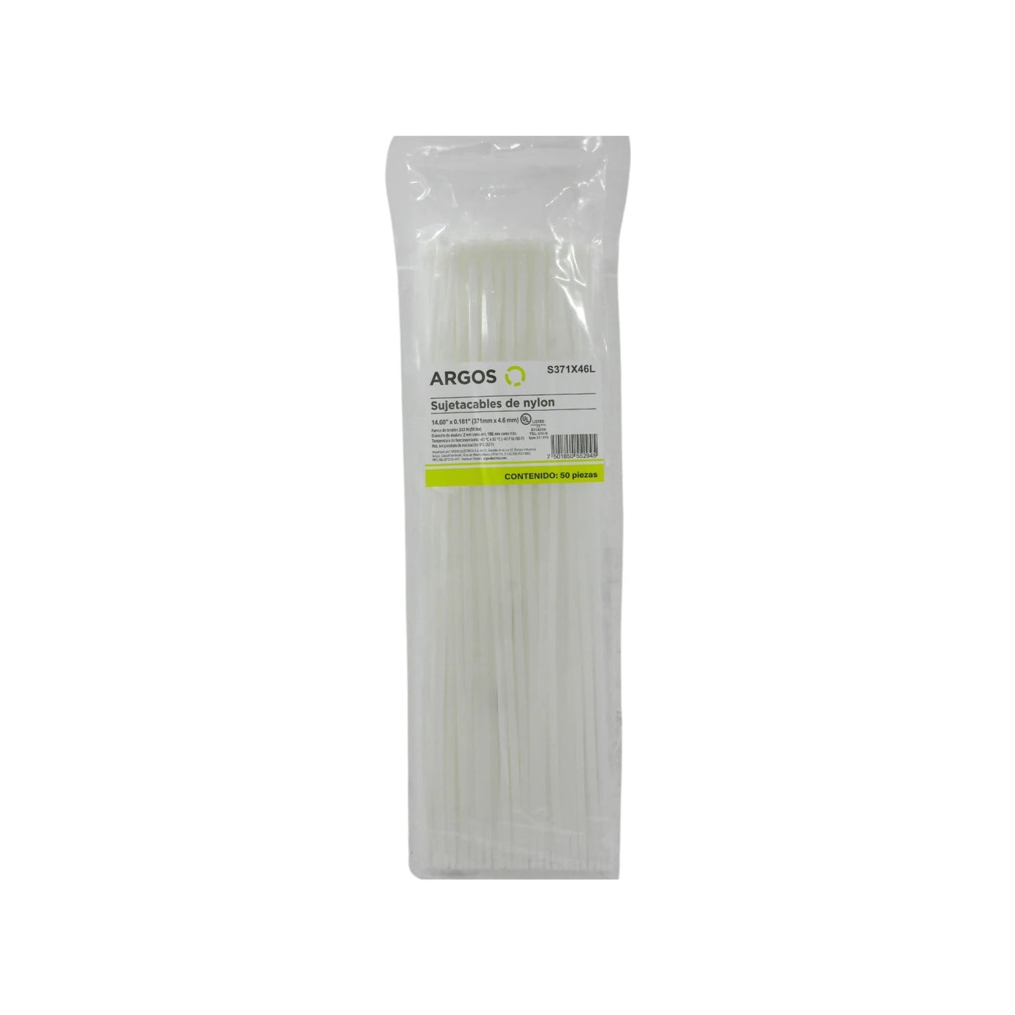 Cinchos sujetacables de nylon blancos Argos S371X46L de 14 pulgadas (371mm) y 4.6mm, paquete de 50 piezas