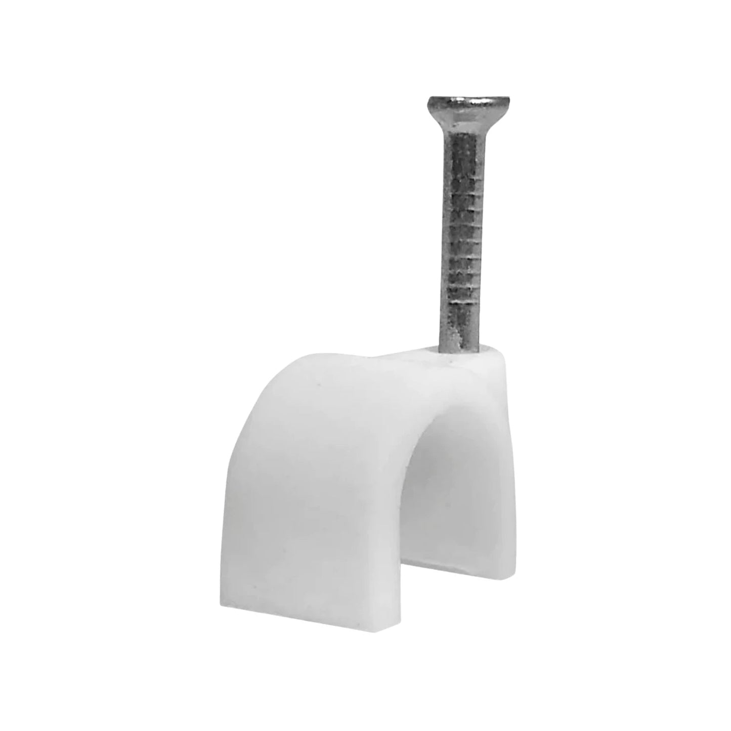 Grapa curva de plástico blanca con clavo para sujetar y organizar cables eléctricos