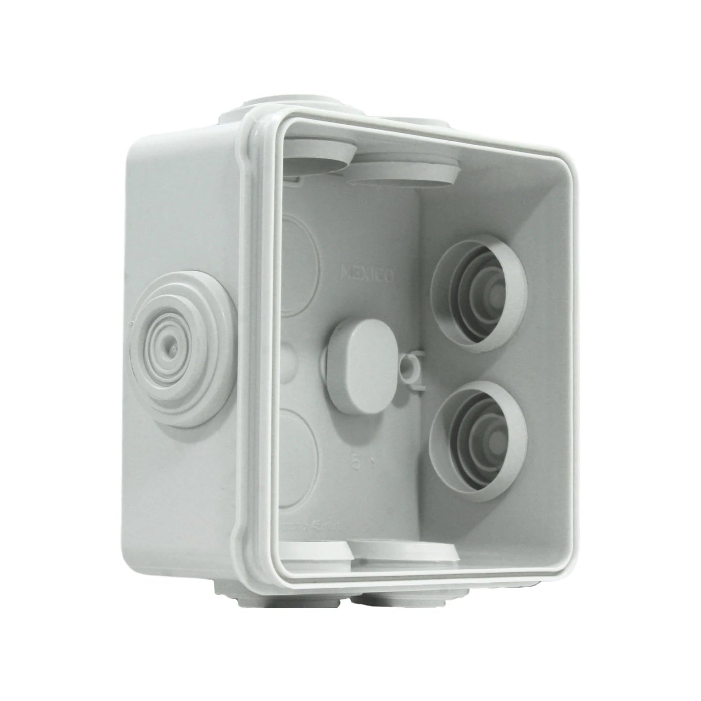 Caja estanca de plástico gris claro 80x80x45mm con conos, ideal para conexiones eléctricas.