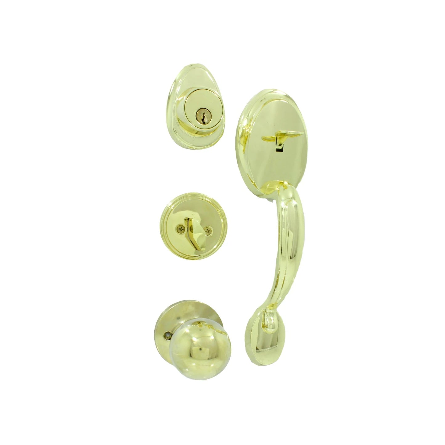 Kit cerradura puerta principal dorado, incluye jaladera exterior, cerrojo de seguridad y perilla interior