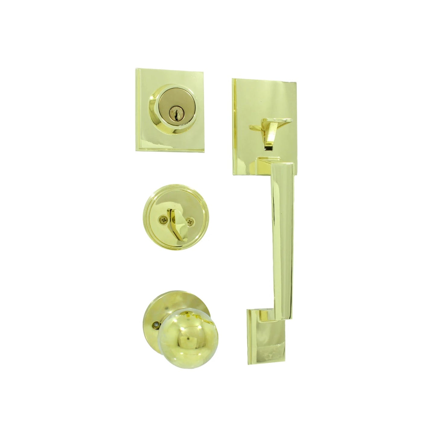 Chapa para entrada principal dorada con manija, pomo y cerrojo de seguridad