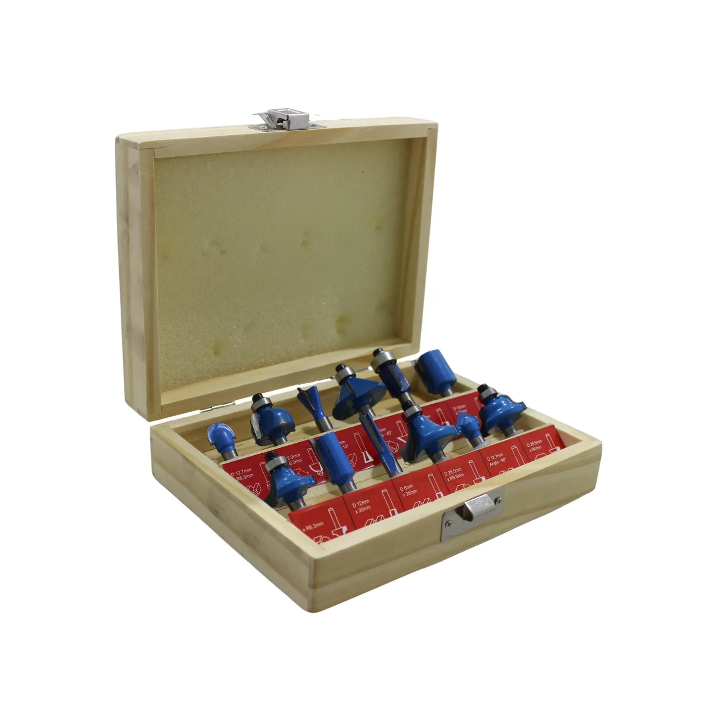Juego de 12 fresas para router de madera color azul en estuche de madera para carpintería y acabados.