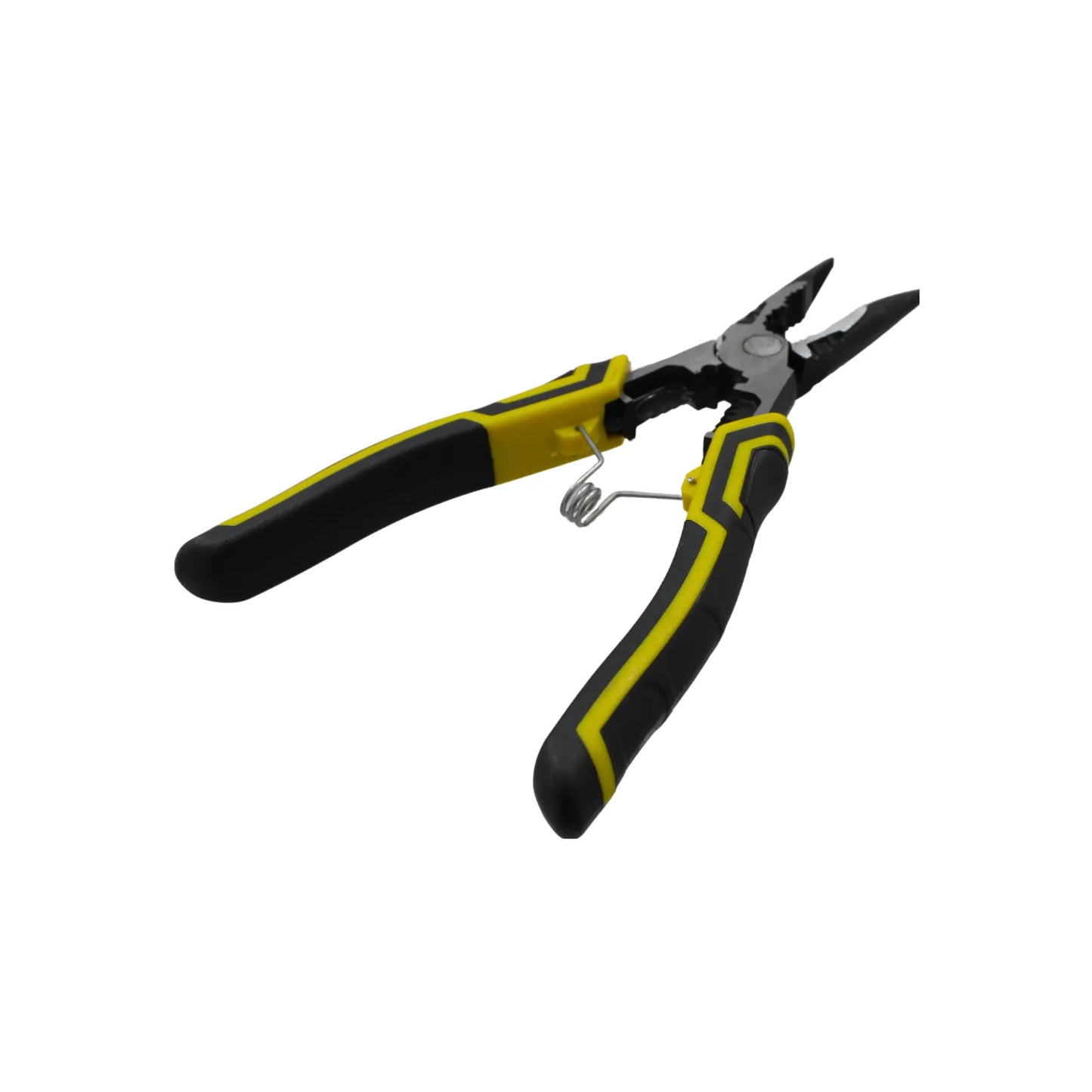 Alicate multifuncional de punta larga con pelacables y mango ergonómico antideslizante negro y amarillo