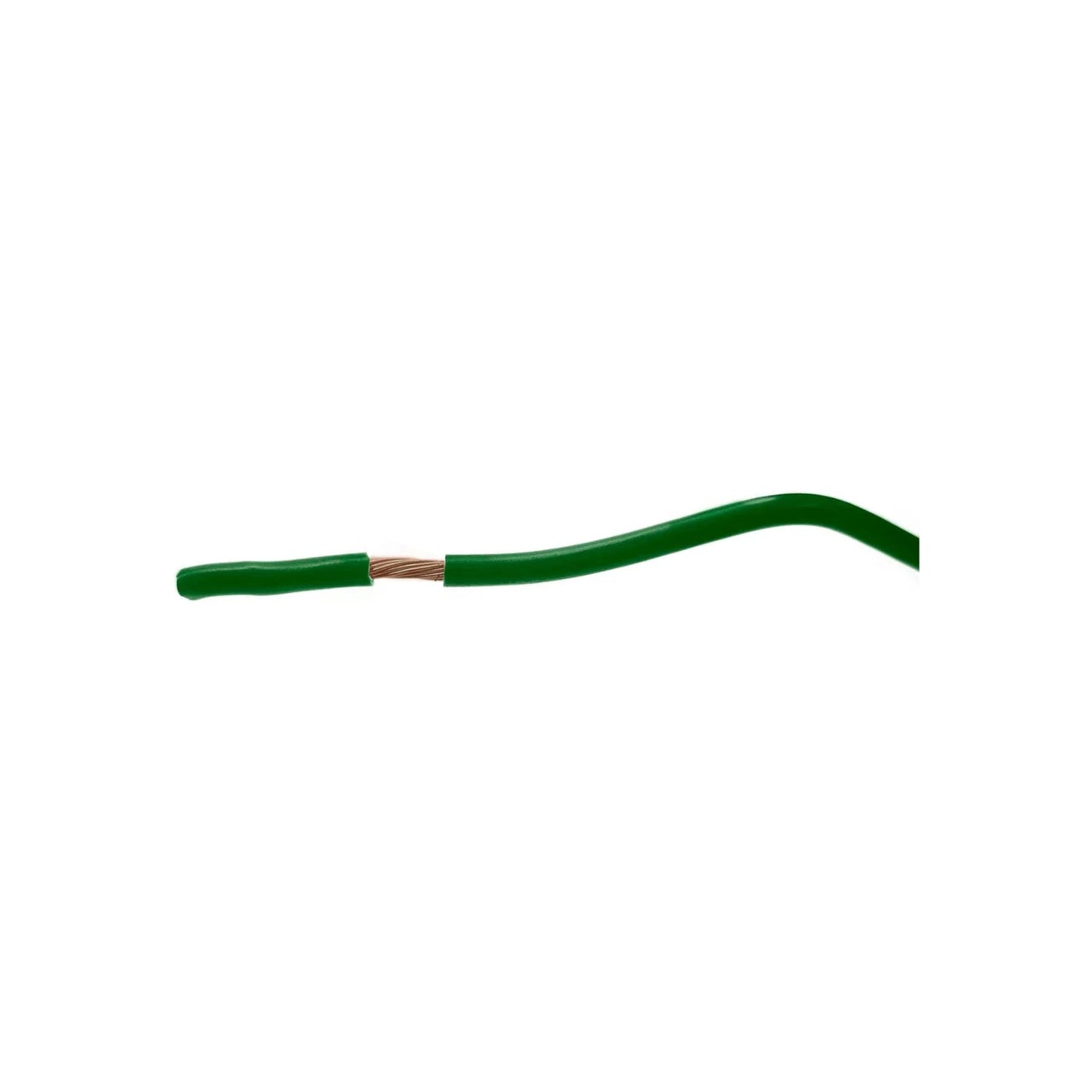 Cable eléctrico verde con aislamiento de PVC, conductor de cobre trenzado visible.