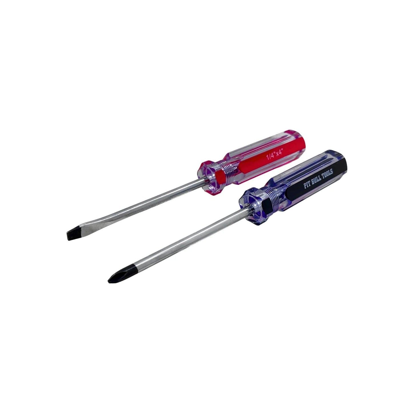 Juego de 2 desarmadores Pit Bull Tools: plano 1/4x4 mango rojo y Phillips mango azul.
