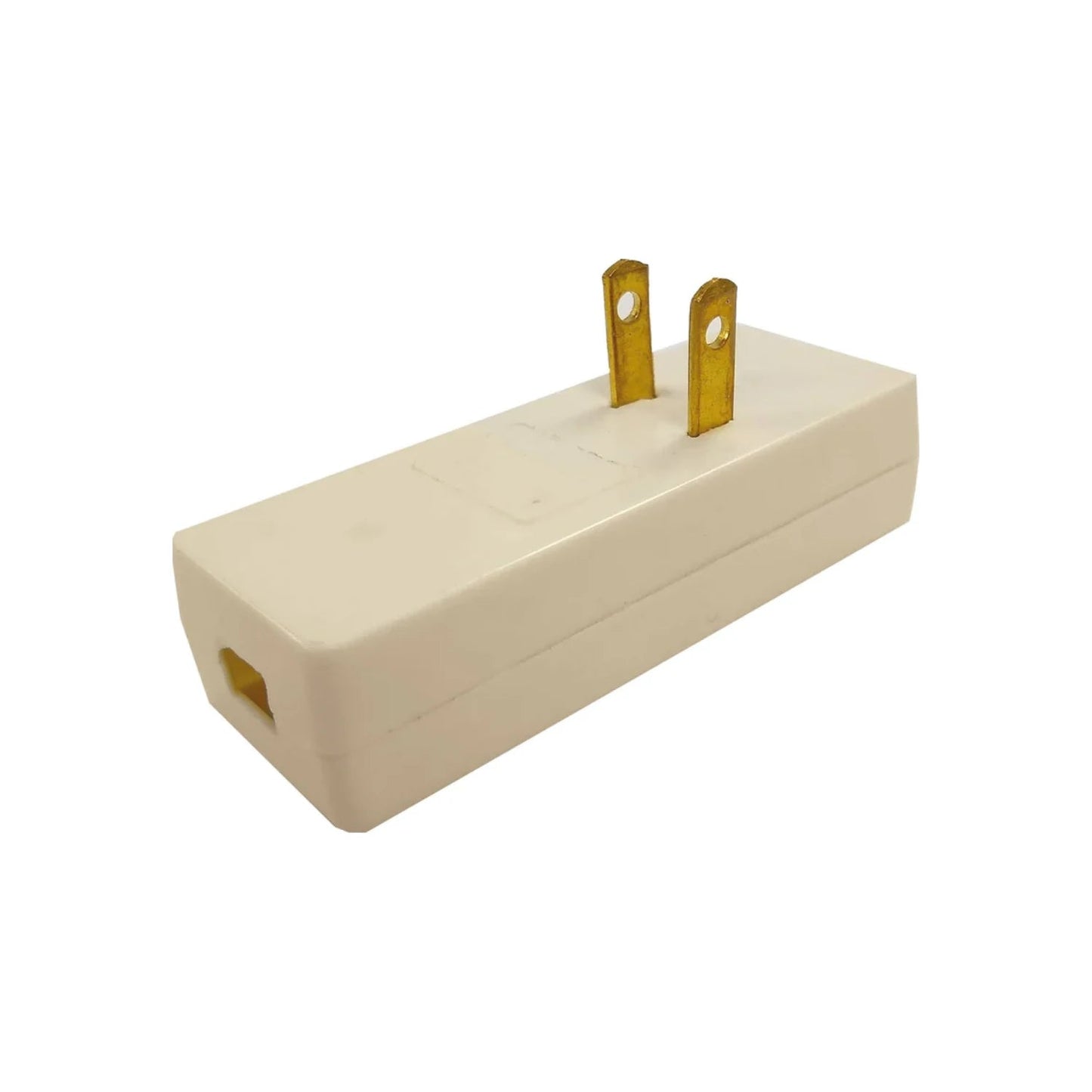 Adaptador de corriente beige con 2 patas planas, enchufe simple para salida eléctrica doméstica.