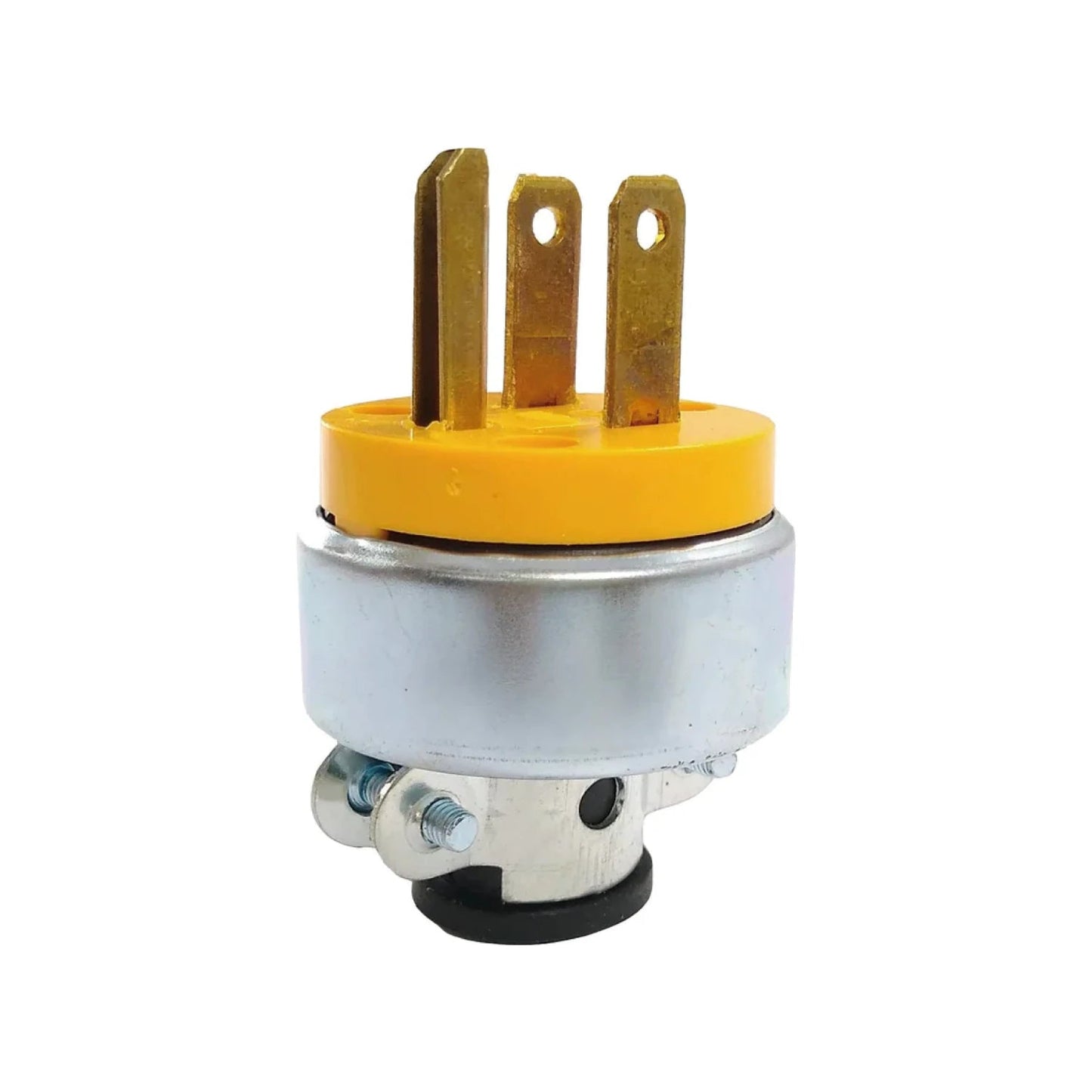 Clavija industrial aterrizada 3 polos, puntas de latón, cuerpo metálico plateado y cubierta aislante amarilla.