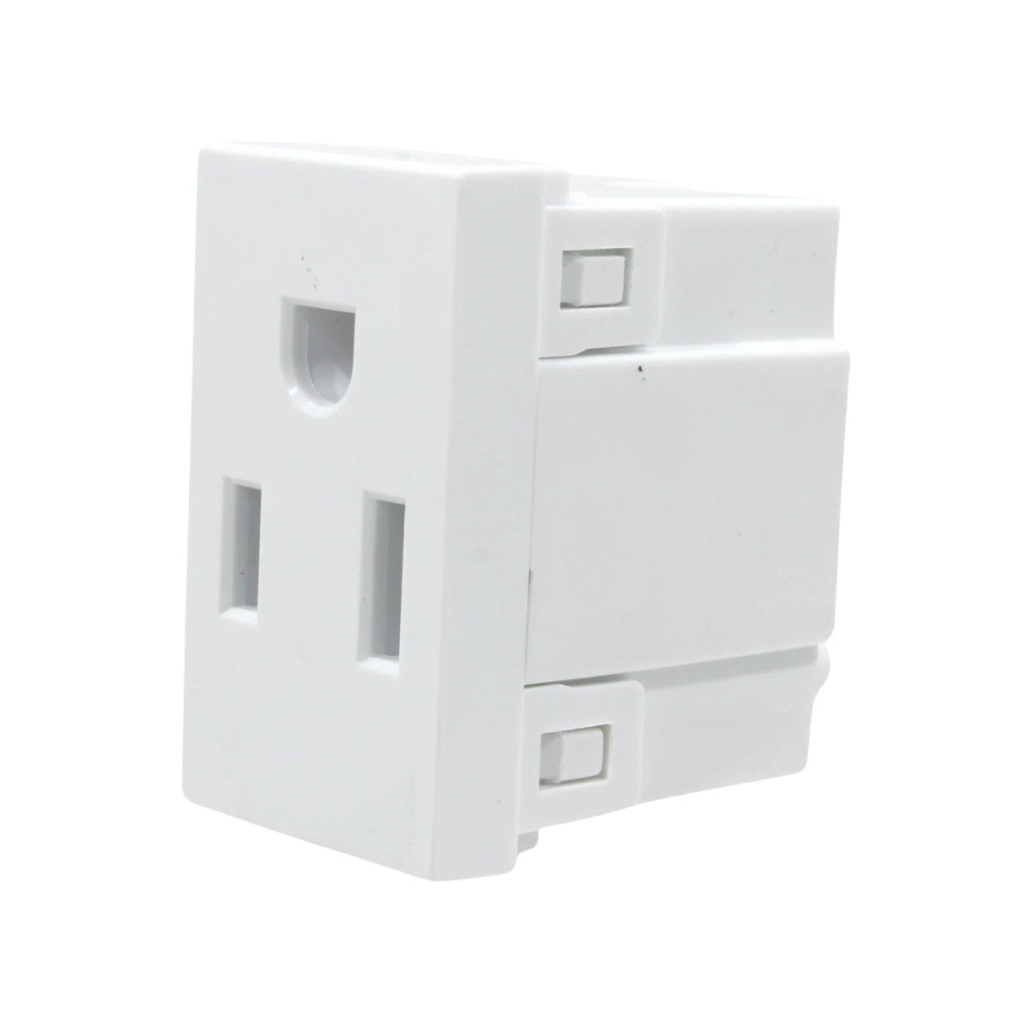 Contacto eléctrico aterrizado blanco con 3 ranuras, tipo NEMA 5-15R, para uso residencial.