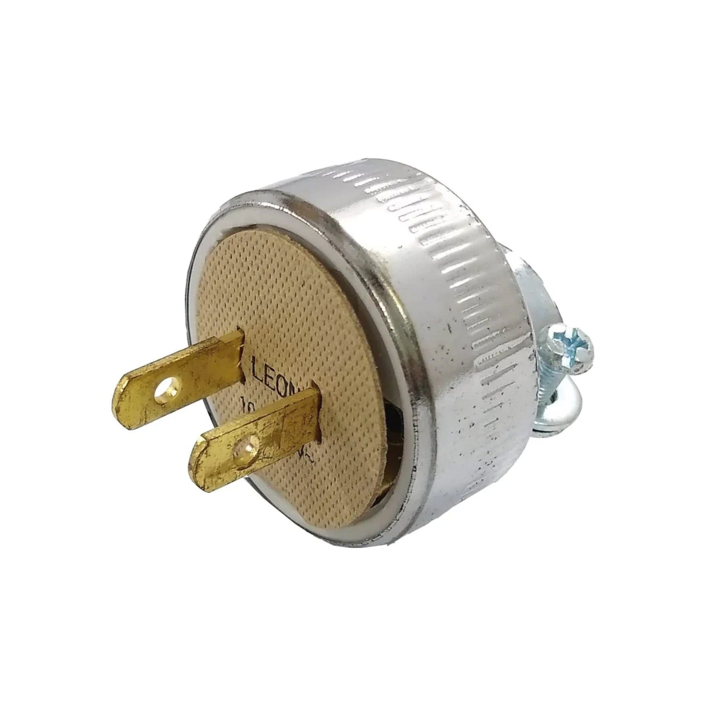 Clavija industrial eléctrica recta 2 polos, carcasa cromada, prongs de latón, marca León.