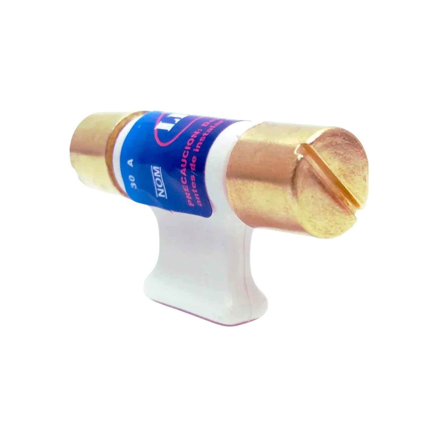 Fusible eléctrico tipo cartucho León 30A con agarradera blanca y extremos de latón para protección de circuitos