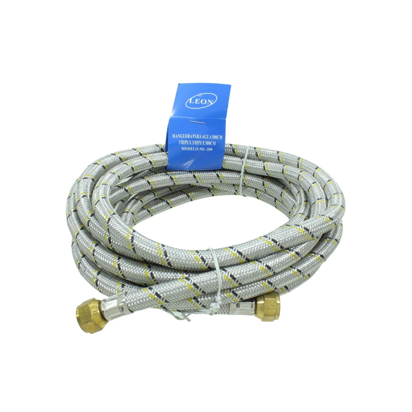 Manguera flexible trenzada de acero inoxidable LEON para agua, conexiones de latón 3/8, longitud 500cm.