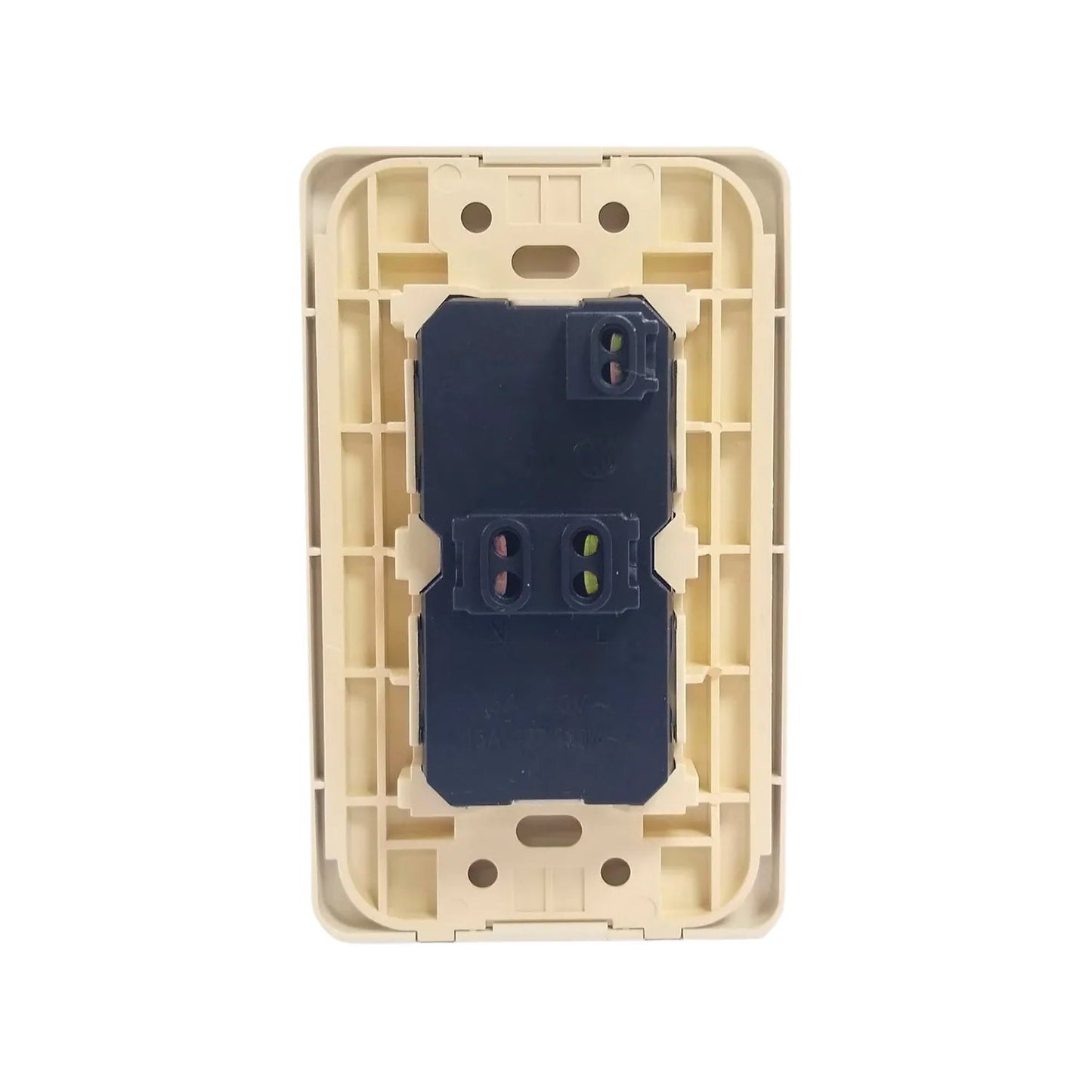 Placa eléctrica marfil Panasonic con 2 contactos, vista posterior con bornes de conexión.