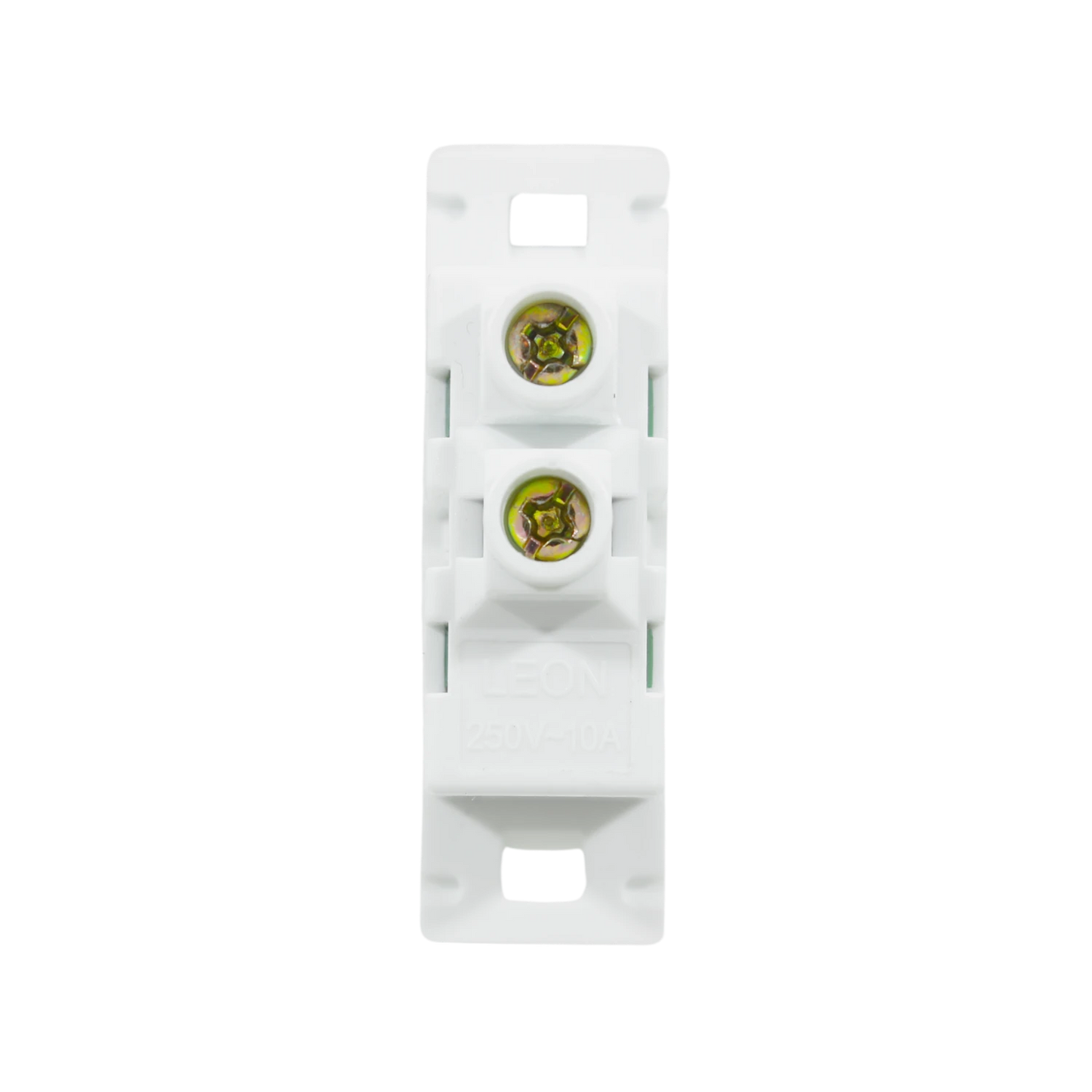 Apagador eléctrico sencillo blanco León con terminales de tornillo vista trasera, 250V 10A
