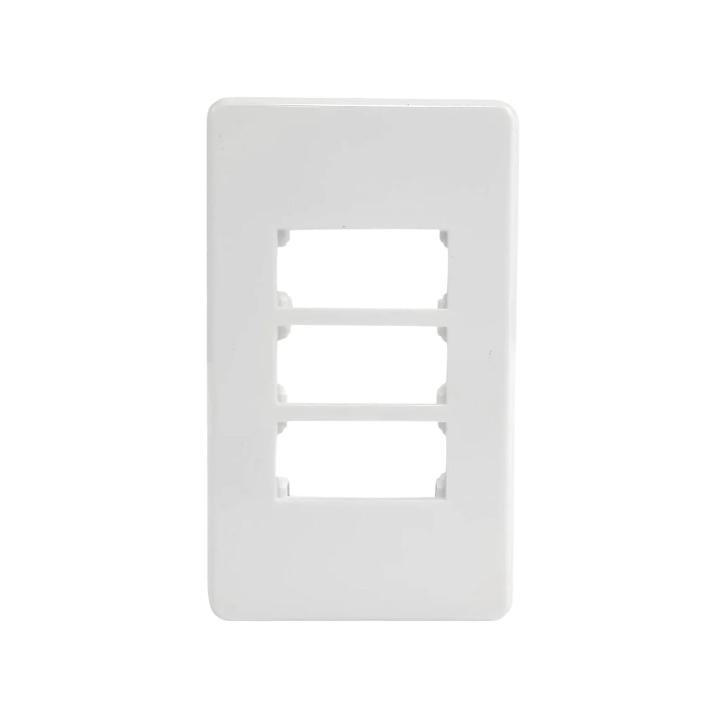 Placa blanca de 3 ventanas para empotrar módulos eléctricos, ideal para interruptores o enchufes.
