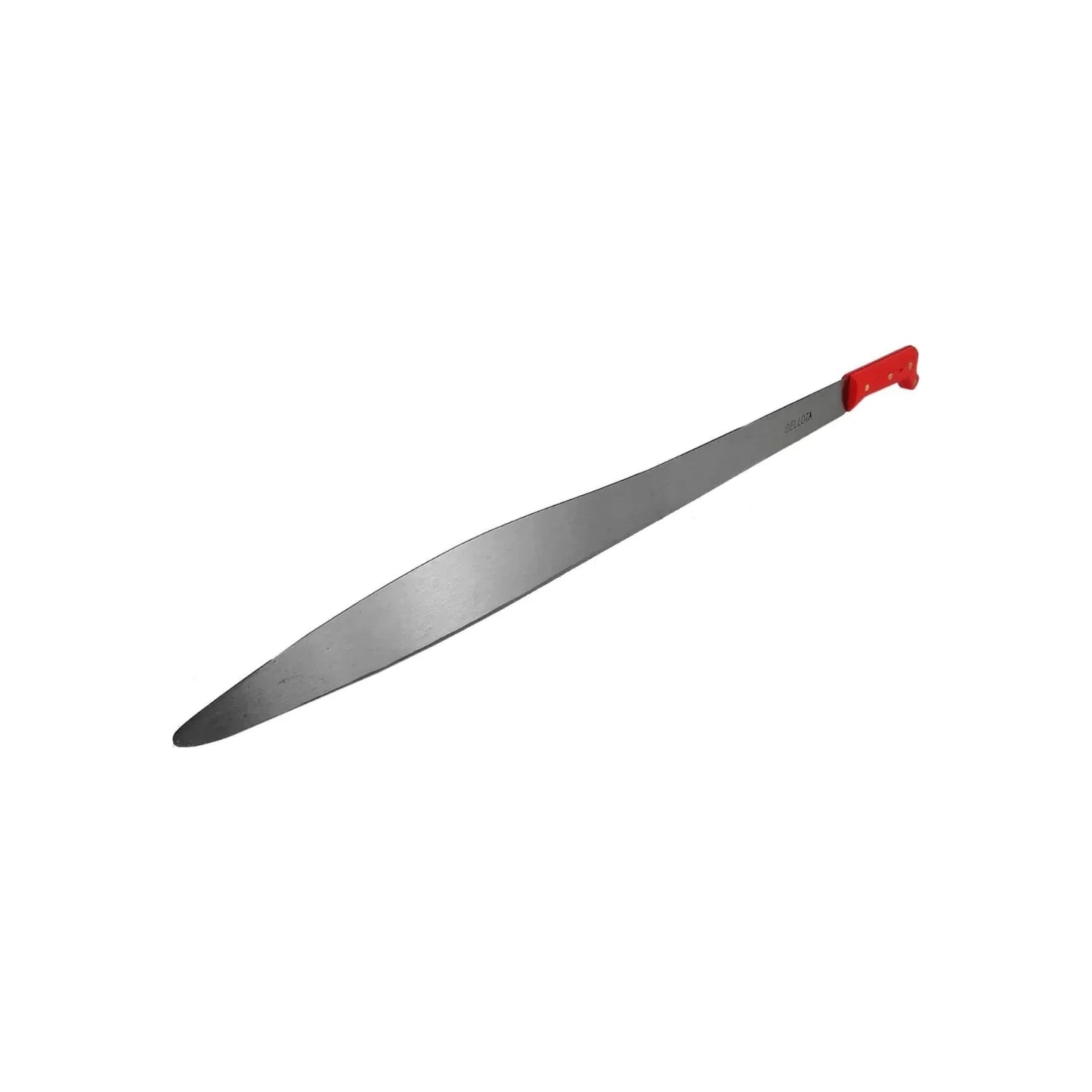 Machete Bellota acapulqueño con hoja de acero pulido y mango rojo, ideal para desbrozar y trabajo agrícola.