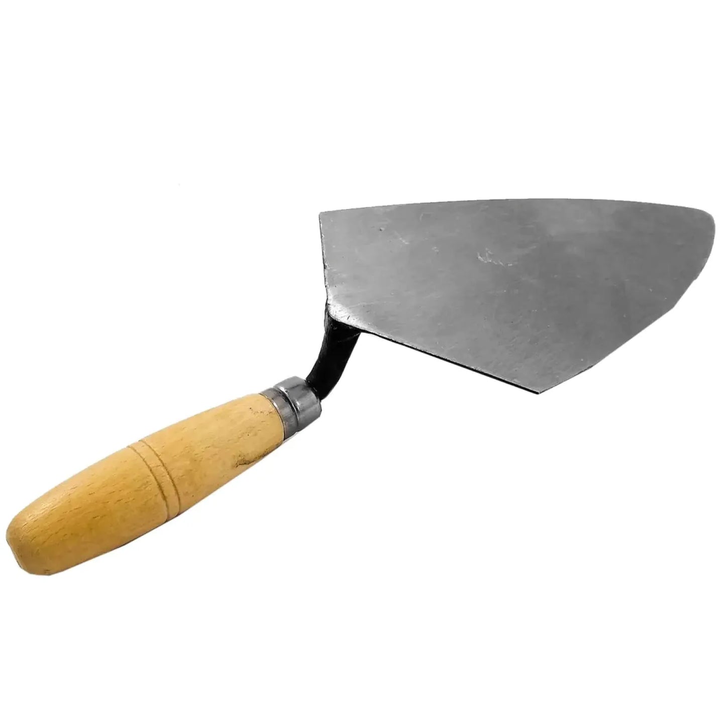 Paleta de albañil robusta con mango de madera, ideal para aplicar mortero y cemento en construcción