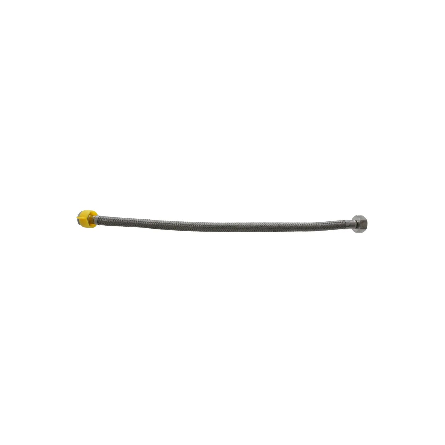 Latiguillo flexible de acero trenzado para inodoro con tuerca amarilla de apriete manual y terminal metálico.