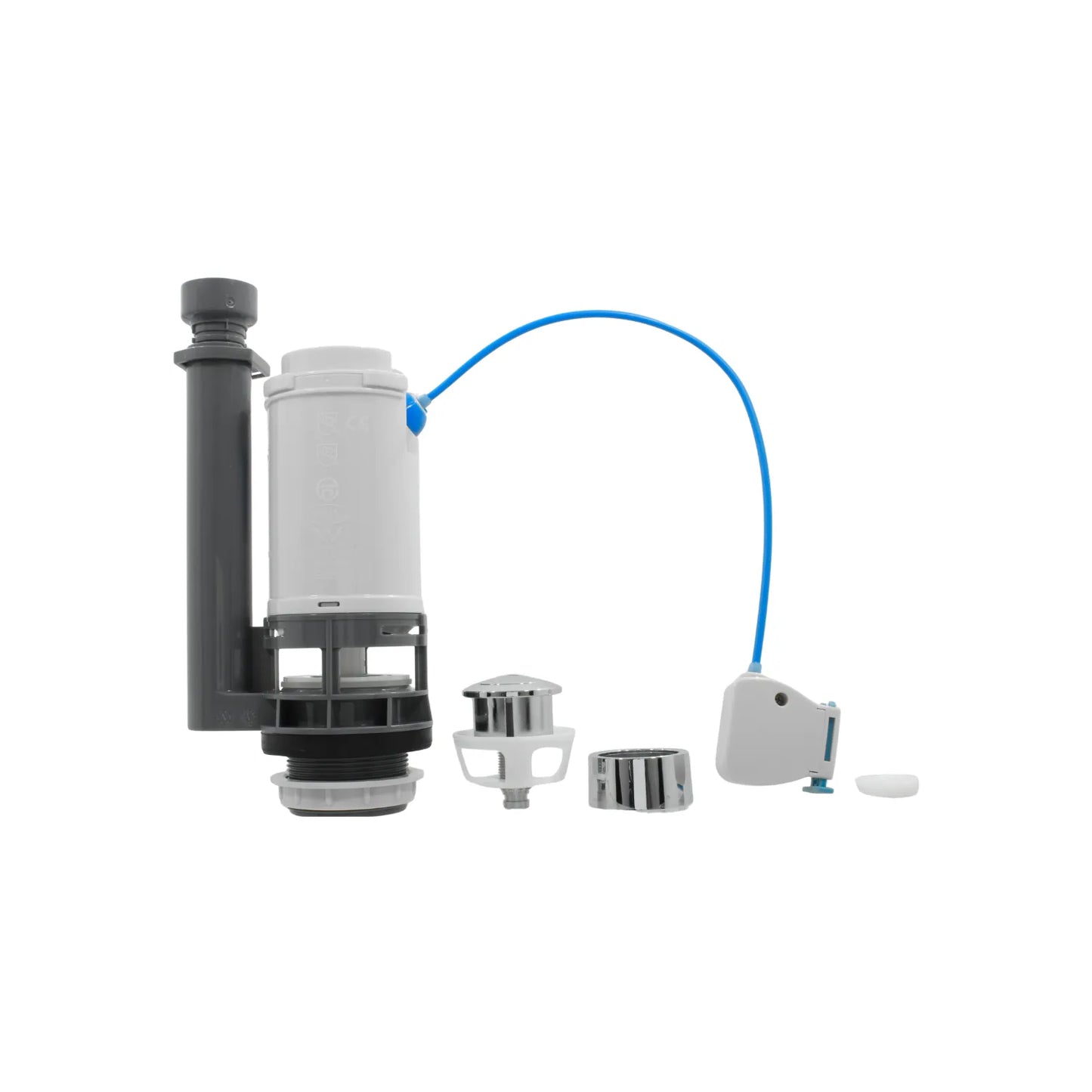 Juego de herrajes para WC: válvula de llenado, mecanismo de descarga doble y pulsador cromado. Reparación cisterna inodoro.