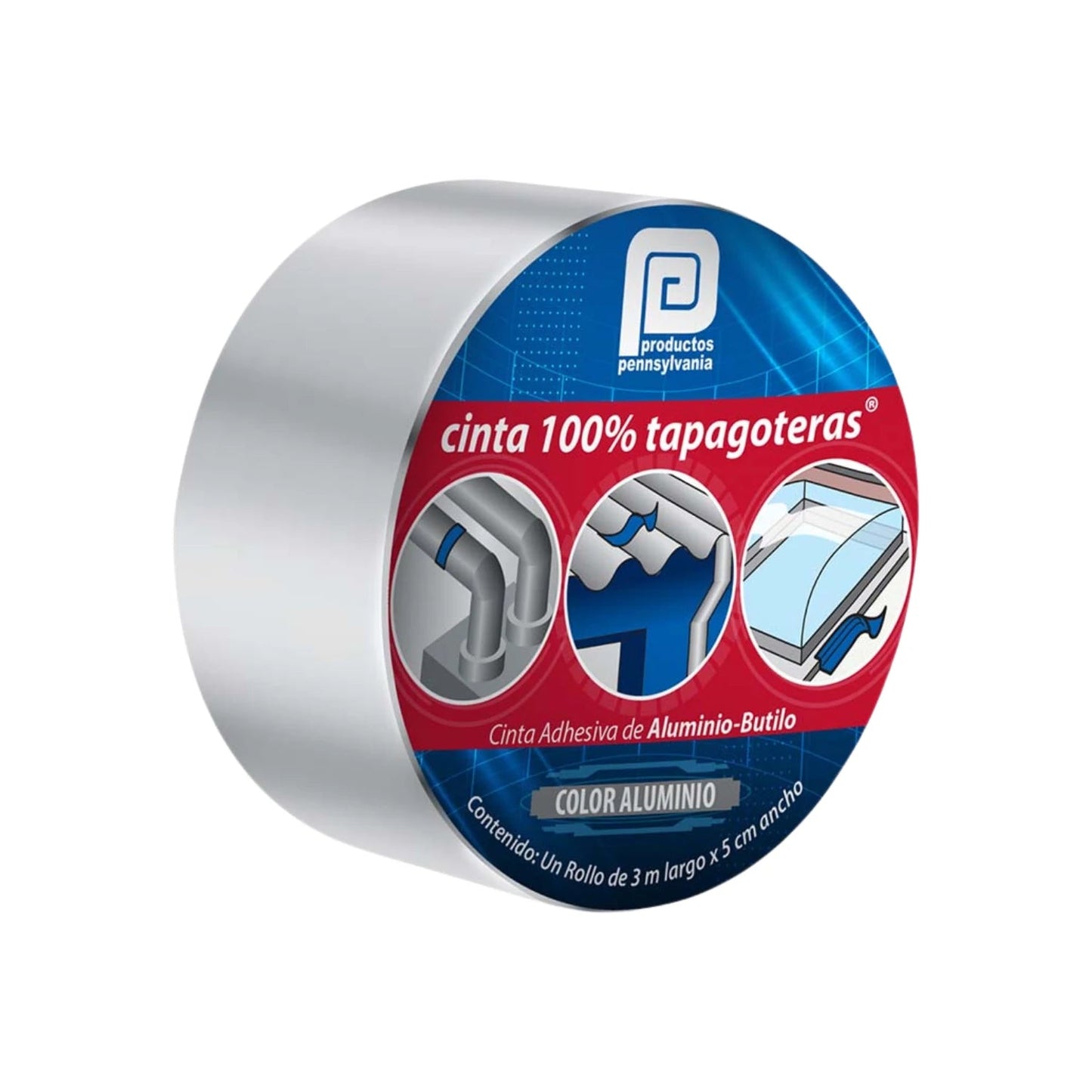 Cinta tapagoteras de aluminio-butilo Pennsylvania color aluminio 3m x 5cm para sellar fugas en techos y tuberías
