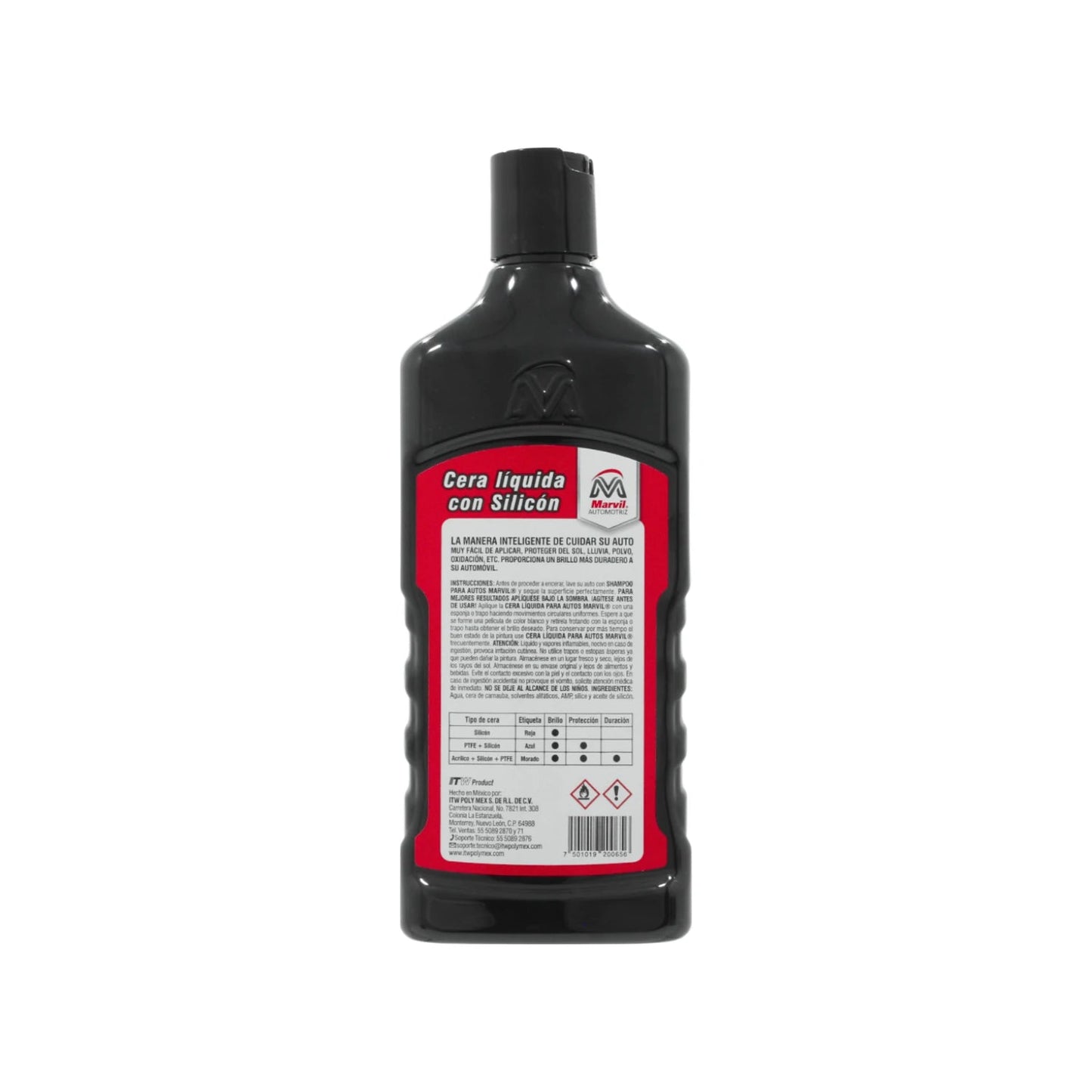 Cera líquida automotriz Marvil 521ml con silicón roja, para brillo y protección duradera del auto