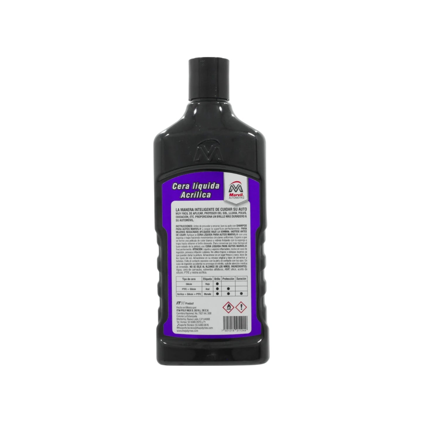 Cera líquida acrílica automotriz Marvil en botella violeta oscura para brillo y protección duradera del auto.
