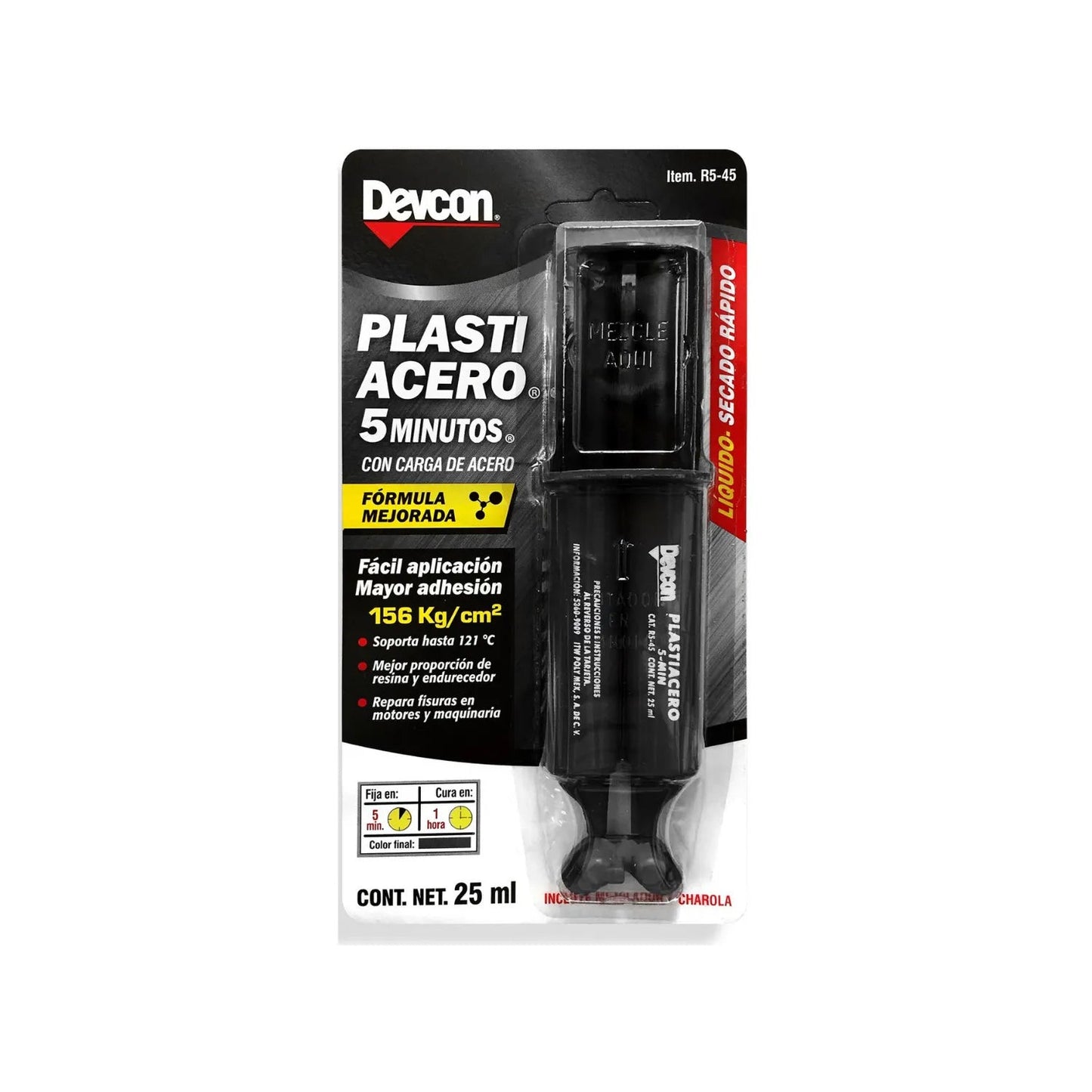 Devcon Plasti Acero 5 Minutos epoxi de reparación rápida con carga de acero, adhesivo gris para metal, jeringa 25ml