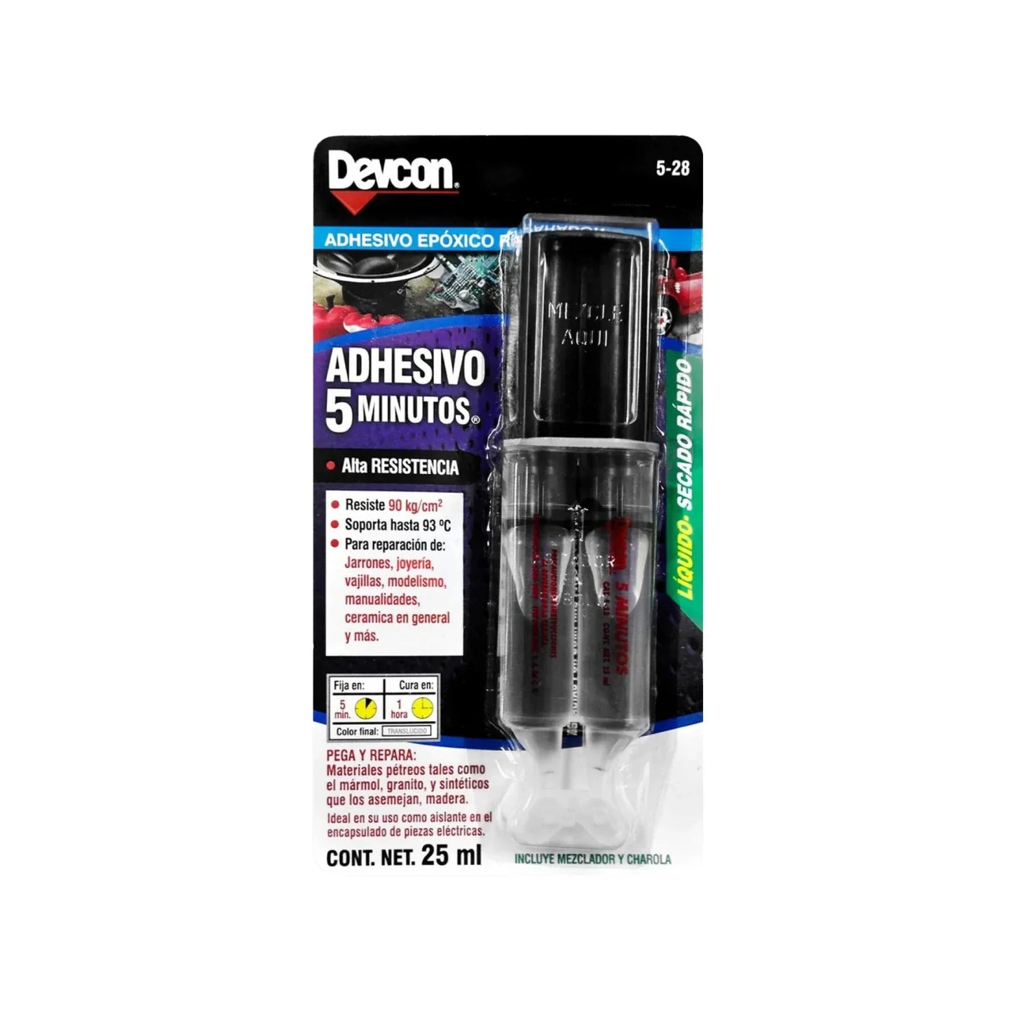 Devcon 5-28 pegamento epóxico transparente 25ml, secado rápido 5 min. Alta resistencia 90kg/cm² para cerámica, joyería, mármol.