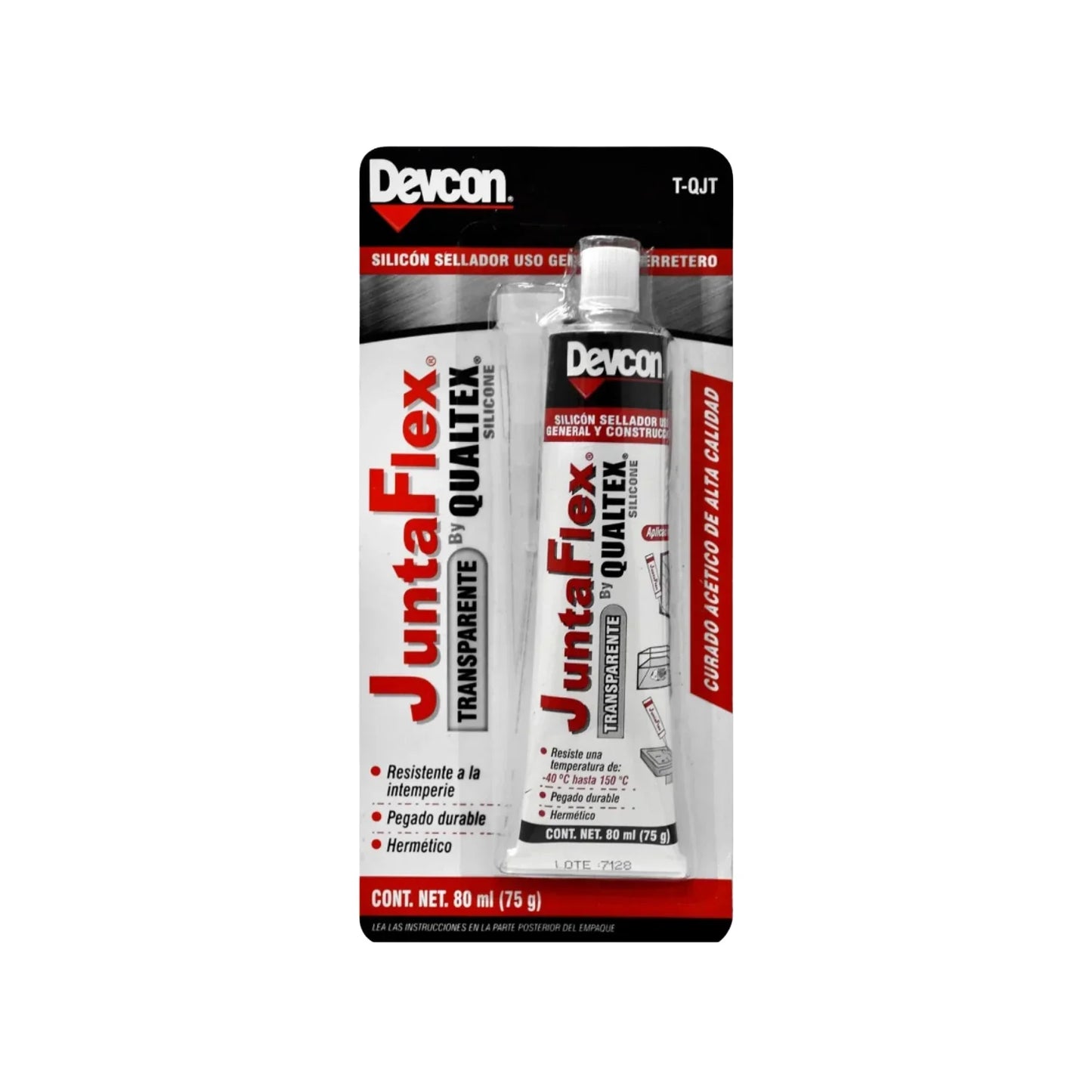 Sellador silicón Devcon JuntaFlex transparente 80ml, curado acético, uso general, resistente a intemperie
