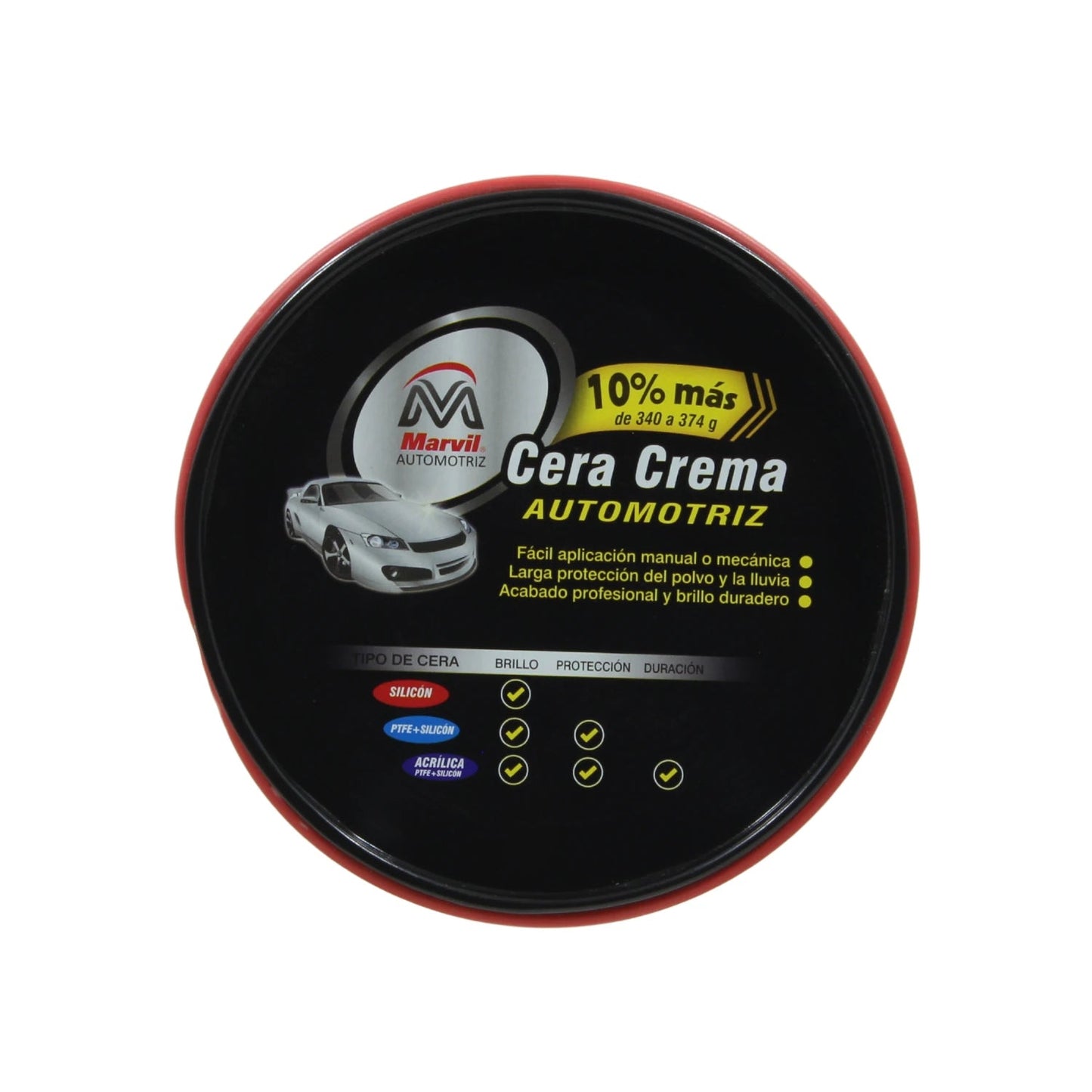 Cera crema automotriz Marvil con silicón y PTFE, 374g, para brillo y protección duradera de carro, envase negro con rojo.