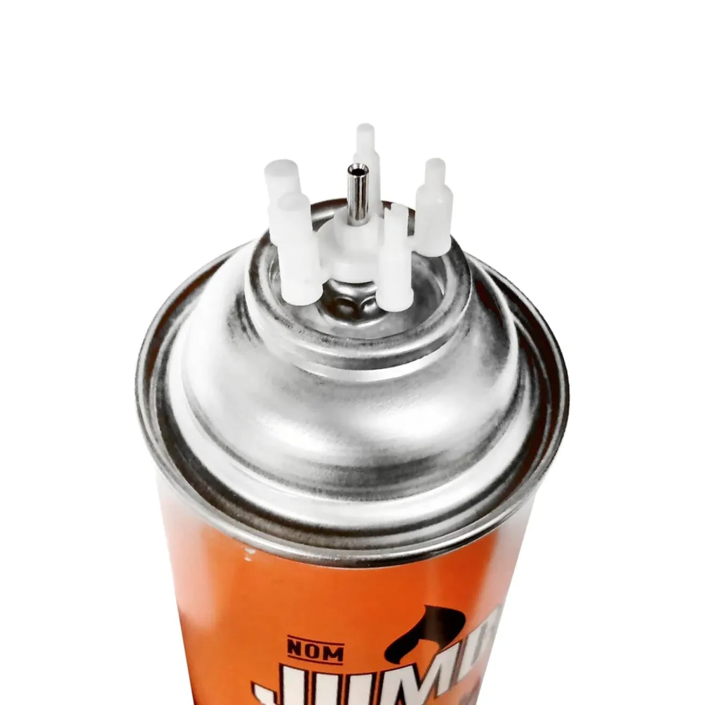 Lata de gas butano recargable Jumbo 500ml con 5 boquillas adaptadoras, envase aerosol naranja.