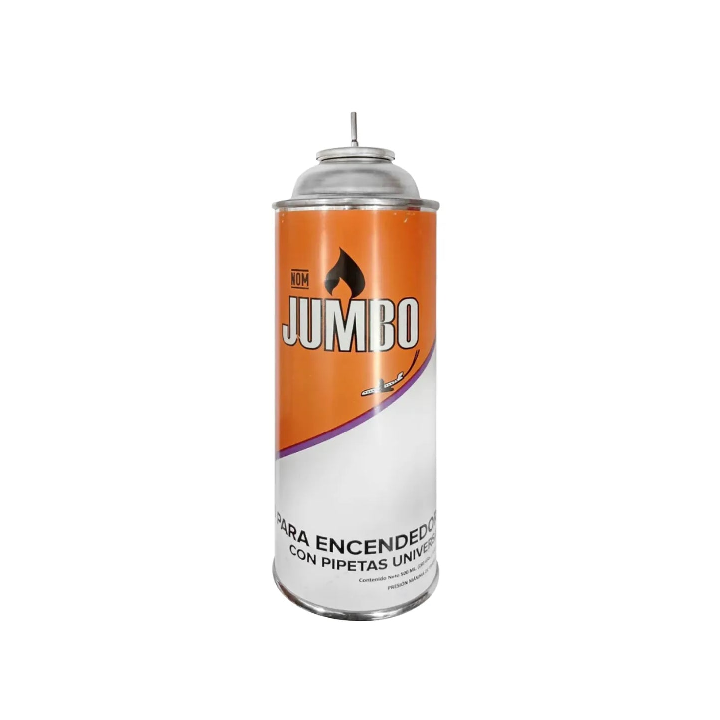 Gas butano Jumbo 500ml para recarga de encendedores con pipetas universales lata metálica naranja.