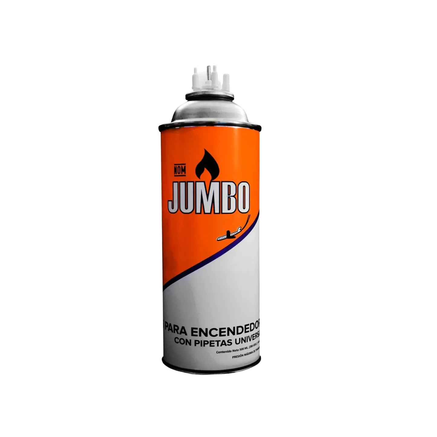 Gas butano Jumbo 500ml para encendedores con pipetas universales recarga de gas inflamable color naranja y blanco
