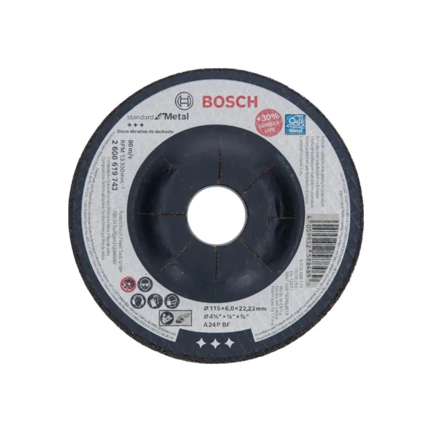 Disco desbaste Bosch 4½" metal, negro, 115x6mm, +30% vida útil, código 2608619743.