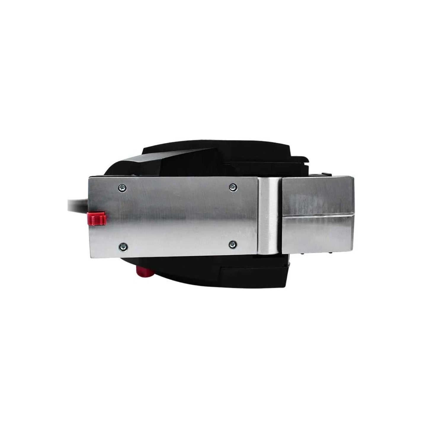 Cepillo eléctrico profesional con base metálica plateada y cuerpo negro, herramienta de carpintería.