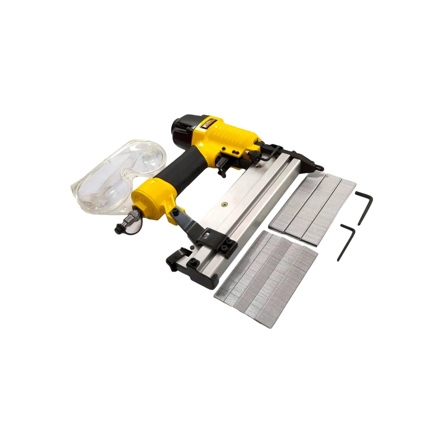 Clavadora y engrapadora neumática Adir amarilla con gafas de seguridad, clavos y llaves Allen