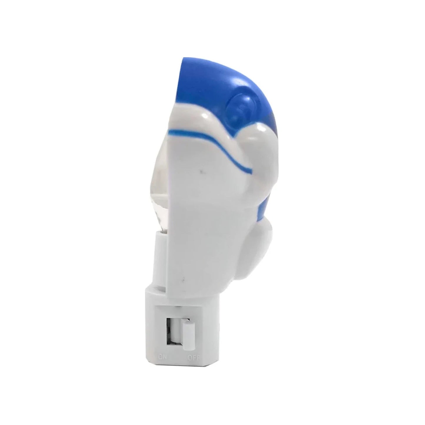 Lámpara de noche infantil con forma de delfín azul y blanco, con interruptor ON/OFF integrado.