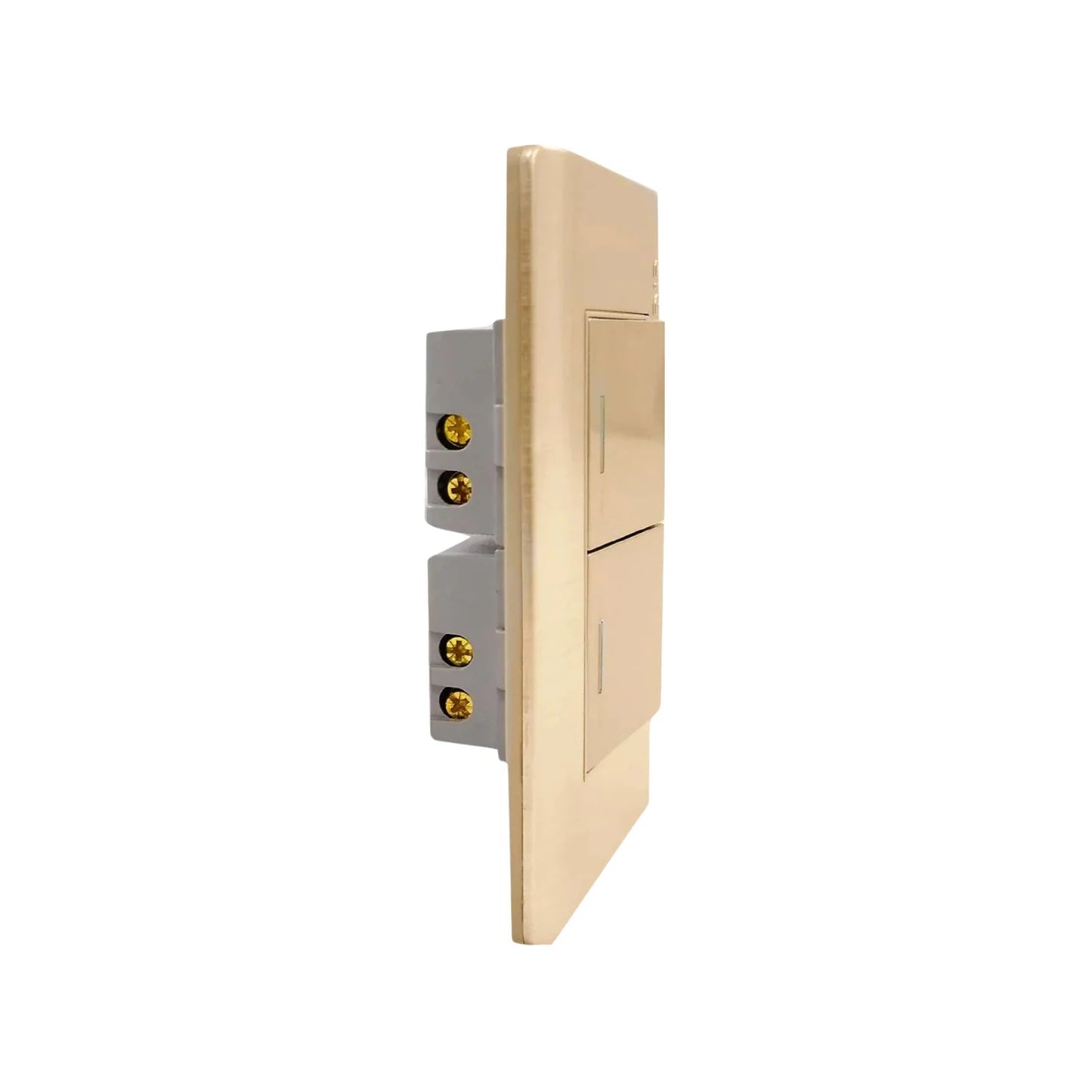 Placa de 2 apagadores de escalera color rose gold vista lateral, con terminales eléctricas expuestas.