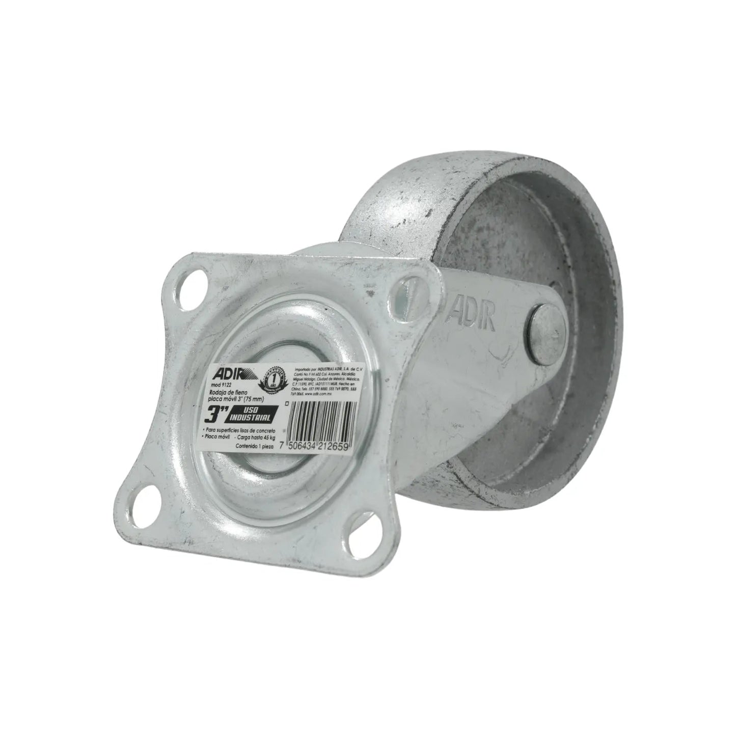 Rodaja giratoria industrial ADIR 3" (75mm) de hierro con placa móvil, capacidad 45kg