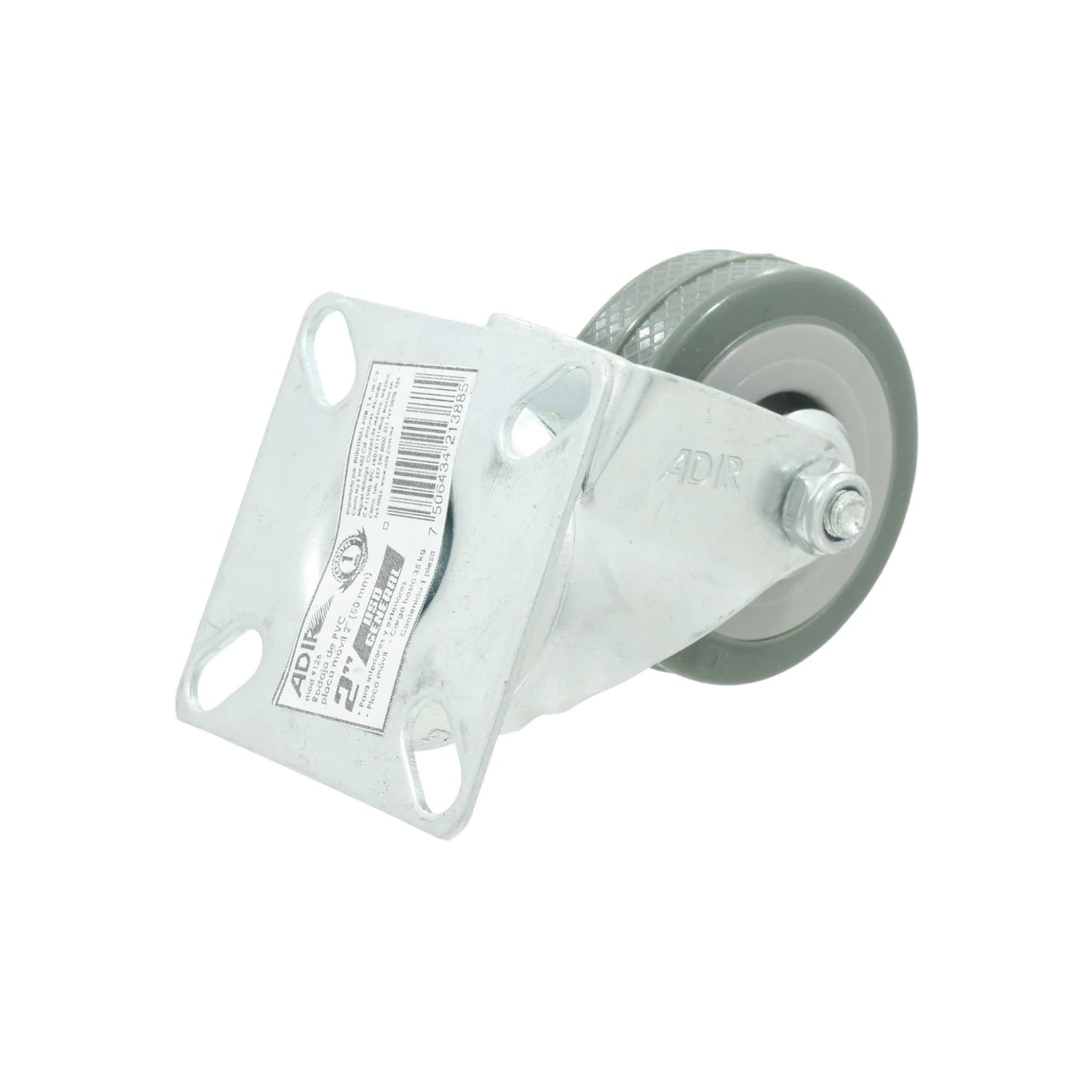 Rodaja giratoria Adir de PVC gris 2" (50mm) con placa metálica, soporta 35 kg para muebles y equipos.