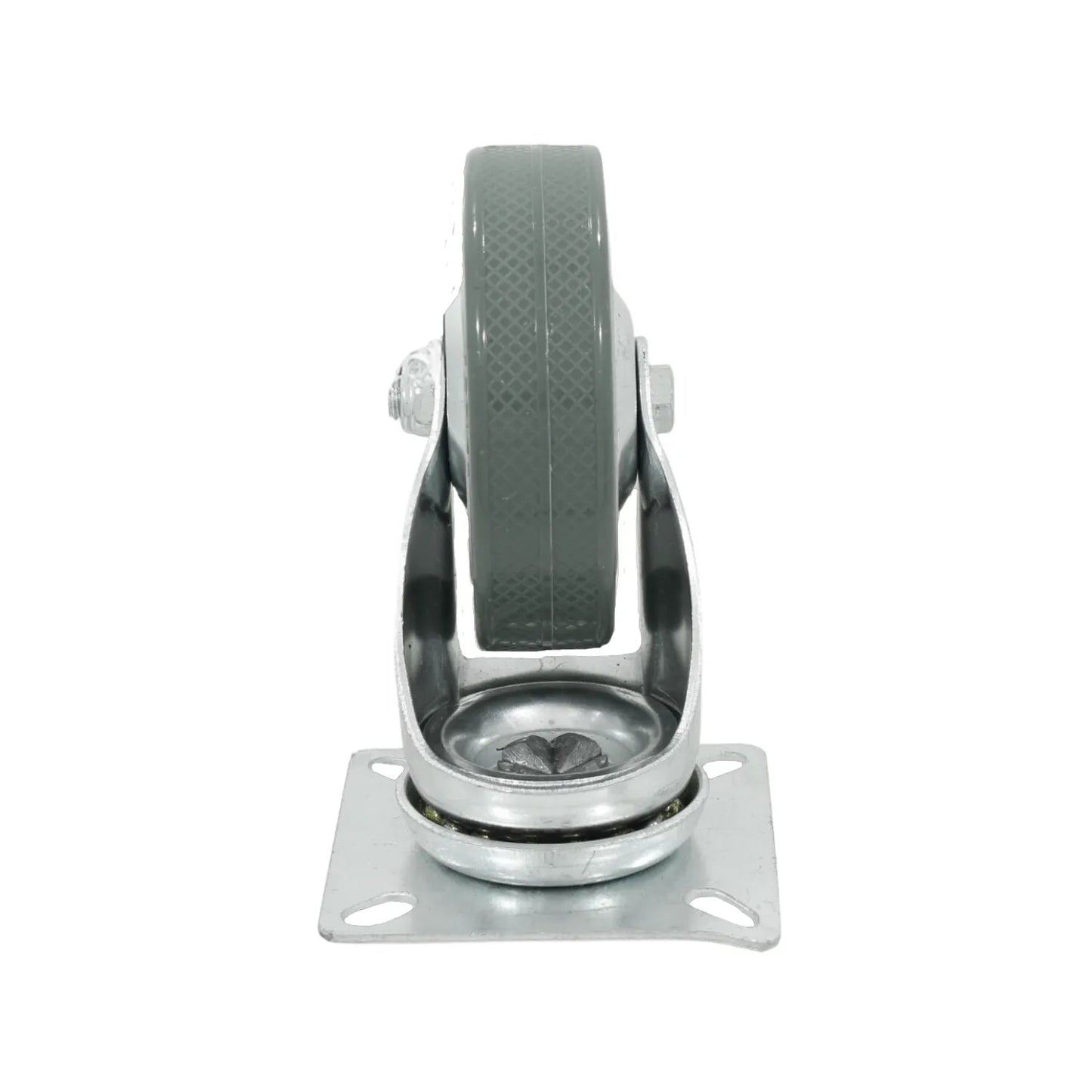 Rodaja giratoria con rueda de goma gris, soporte metálico galvanizado y placa cuadrada para carritos industriales.