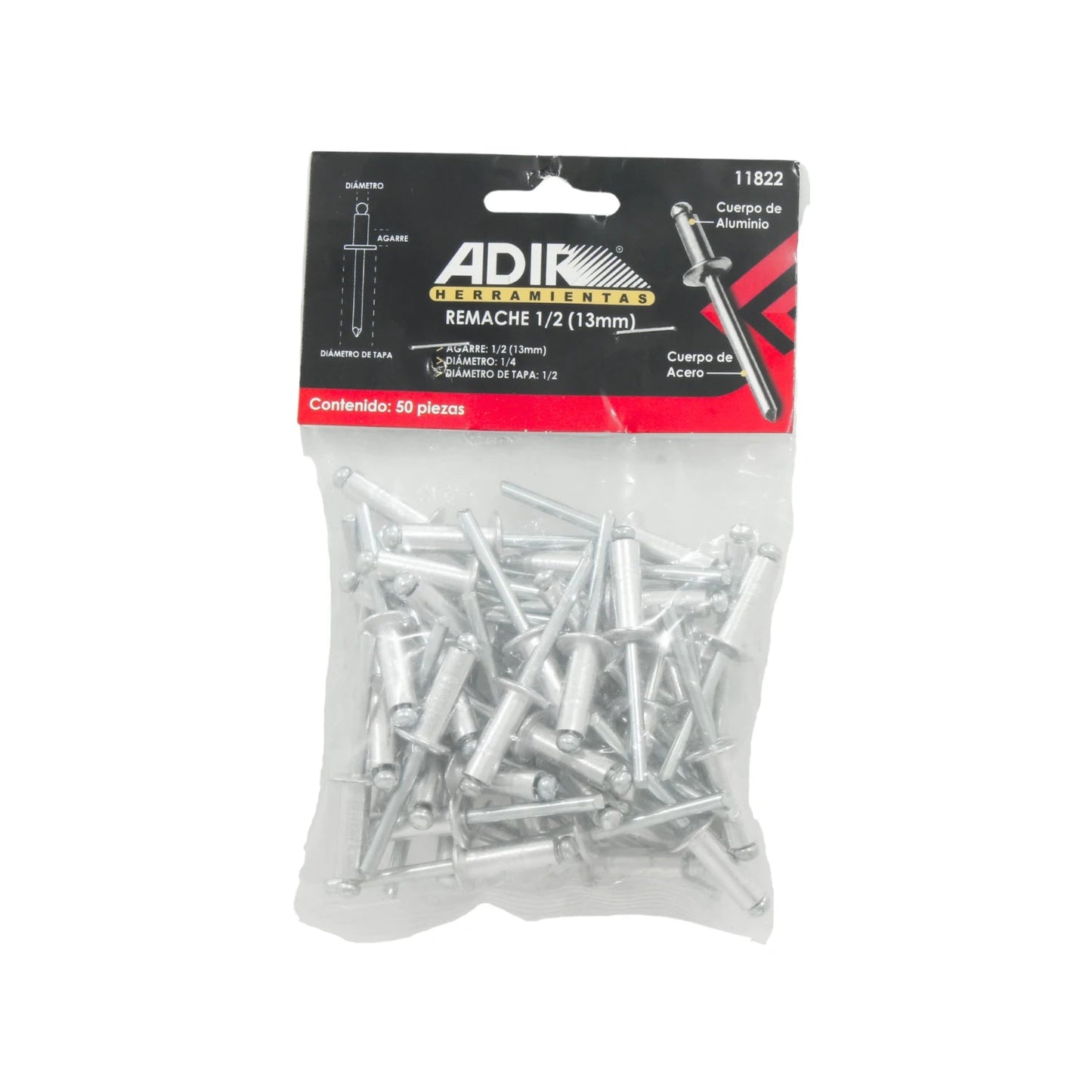 Remaches ciegos Adir 1/4"x1/2" (13mm) cuerpo aluminio, vástago acero, 50 piezas.