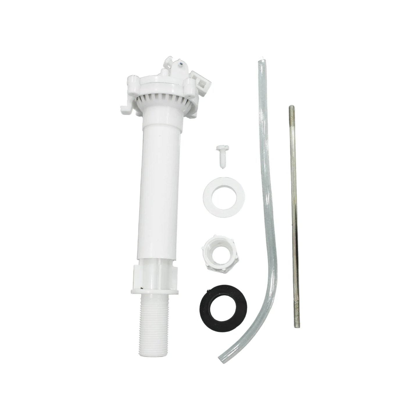 Kit de válvula de llenado blanco para inodoro, incluye tubo de recarga, tornillo, tuerca y empaques para reparación de cisterna.