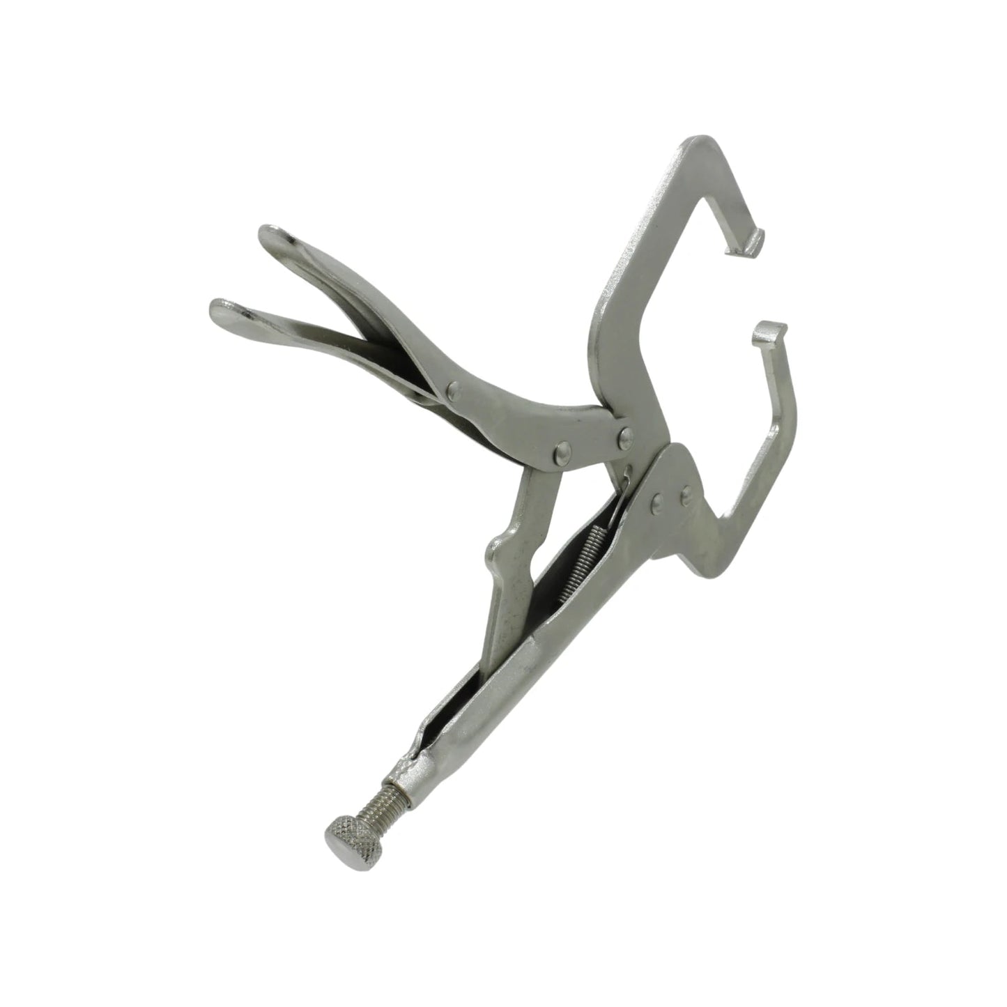 Pinza de presión tipo C cromada con mandíbulas profundas y tornillo de ajuste para agarre fuerte y preciso.