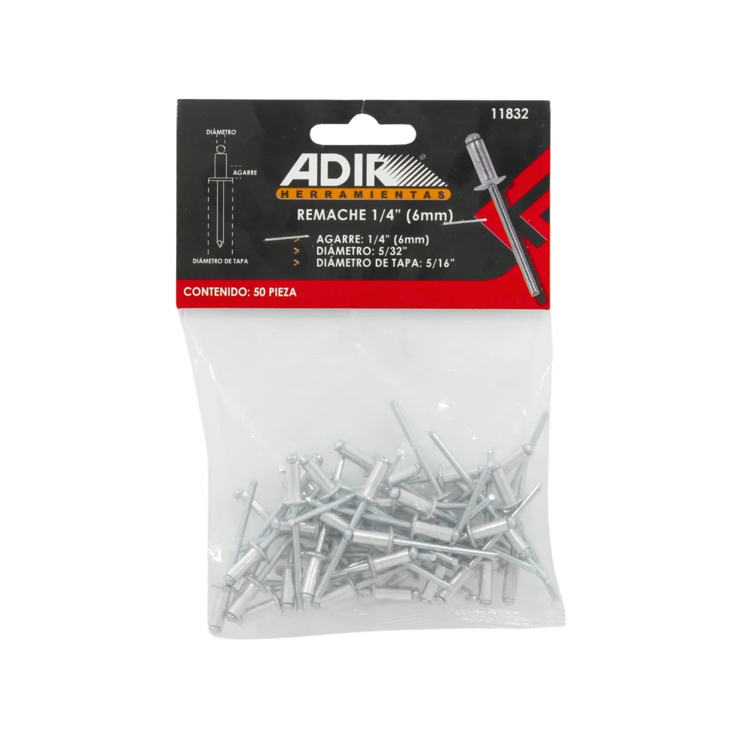 Remaches ciegos Adir 5/36"x5/16"x1/4" (6mm) de aluminio, 50 piezas, para sujeción metálica.