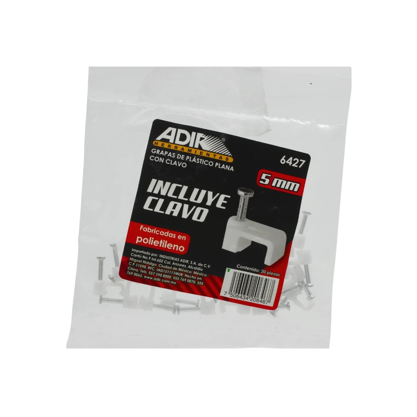 Grapas planas Adir blancas de plástico 5mm con clavo para cables, paquete de 20 piezas