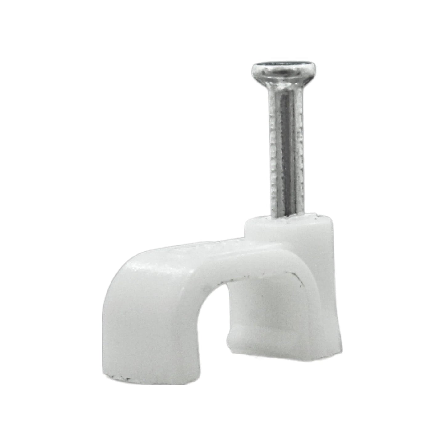 Grapa para cables recta blanca de 8mm de plástico con clavo de acero para fijación en pared